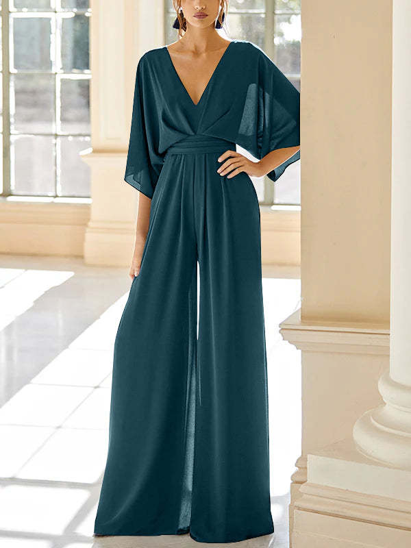 Mother of the Bride V-Neck Chiffon Pantsuit Featuring Pockets
