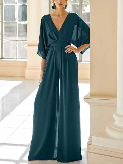 Mother of the Bride V-Neck Chiffon Pantsuit Featuring Pockets