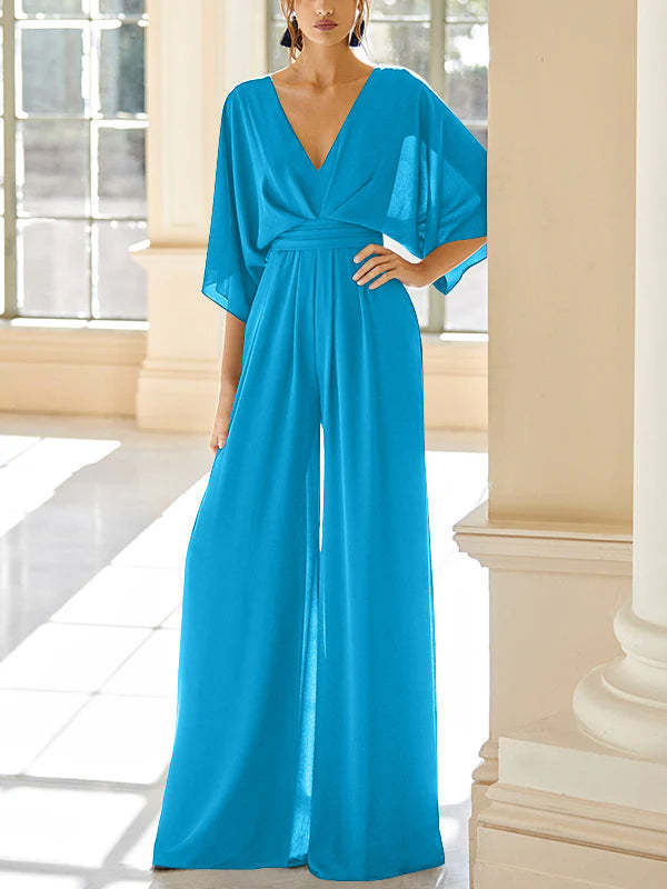 Mother of the Bride V-Neck Chiffon Pantsuit Featuring Pockets