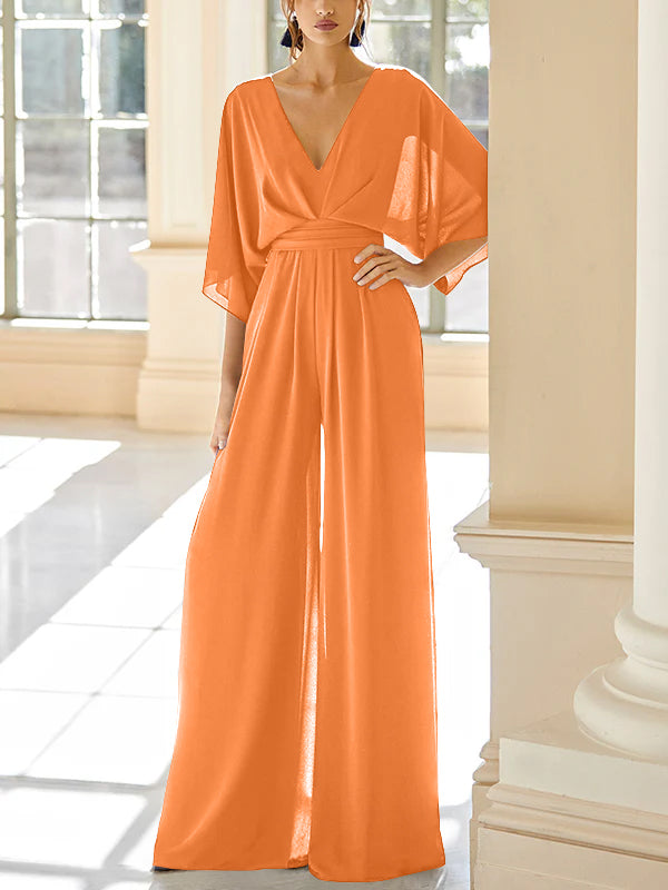 Mother of the Bride V-Neck Chiffon Pantsuit Featuring Pockets