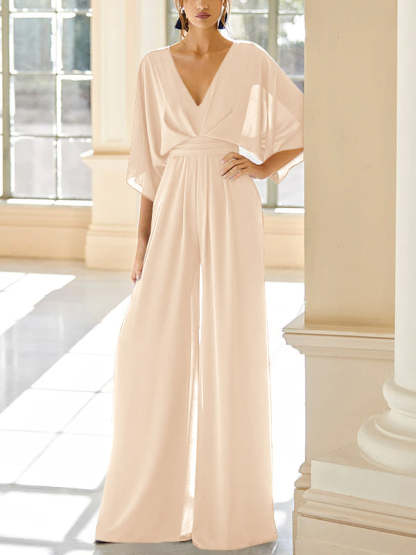 Mother of the Bride V-Neck Chiffon Pantsuit Featuring Pockets