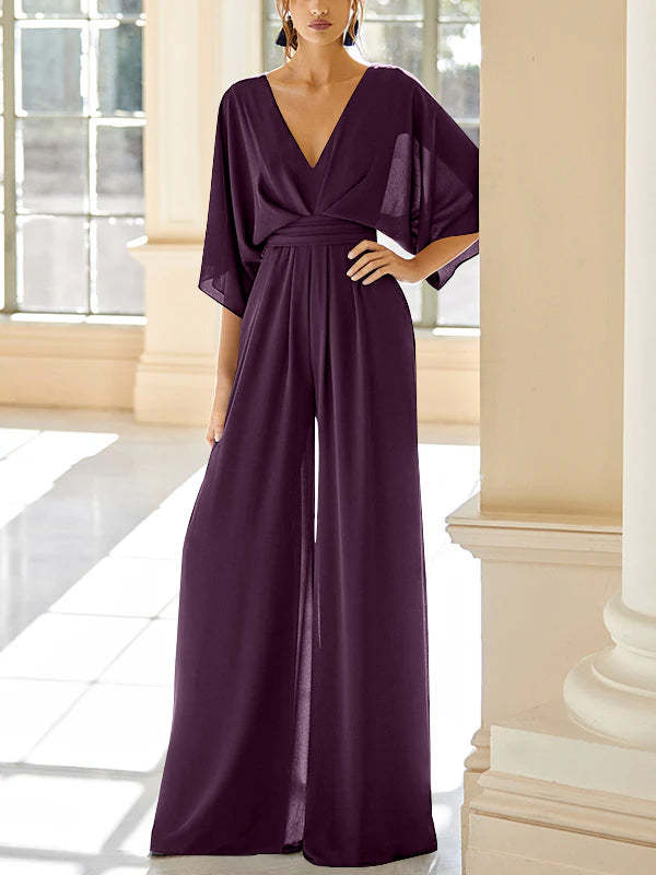 Mother of the Bride V-Neck Chiffon Pantsuit Featuring Pockets