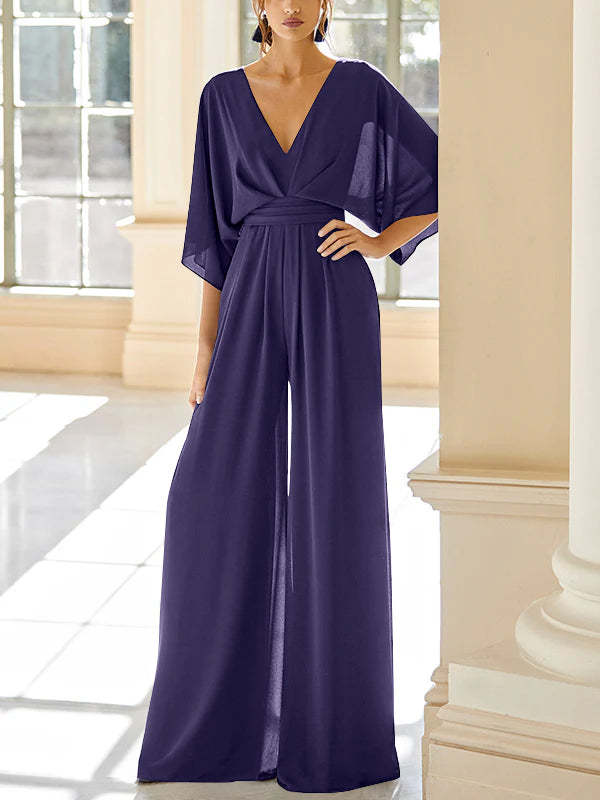 Mother of the Bride V-Neck Chiffon Pantsuit Featuring Pockets