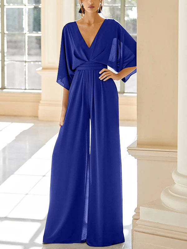 Mother of the Bride V-Neck Chiffon Pantsuit Featuring Pockets