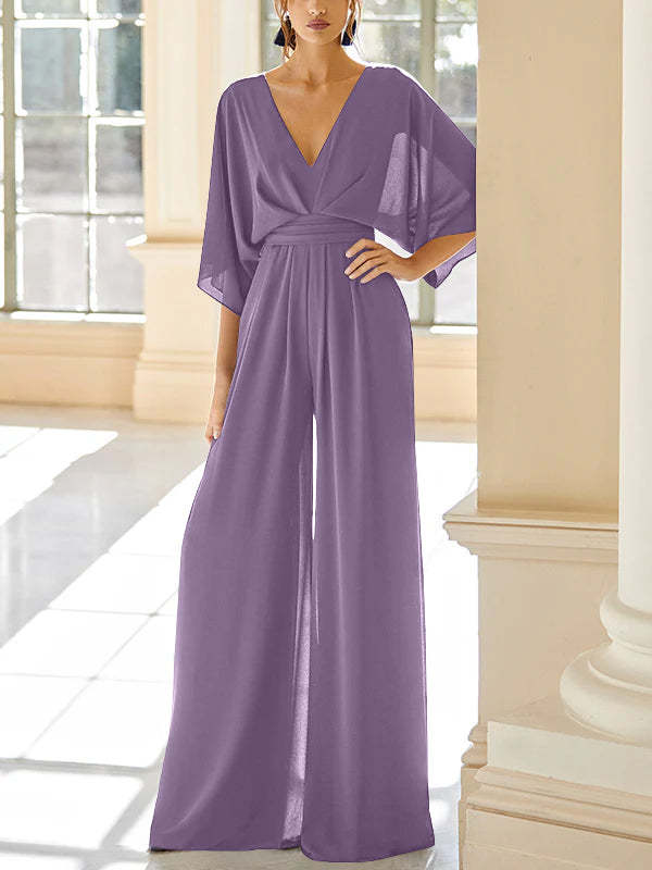 Mother of the Bride V-Neck Chiffon Pantsuit Featuring Pockets