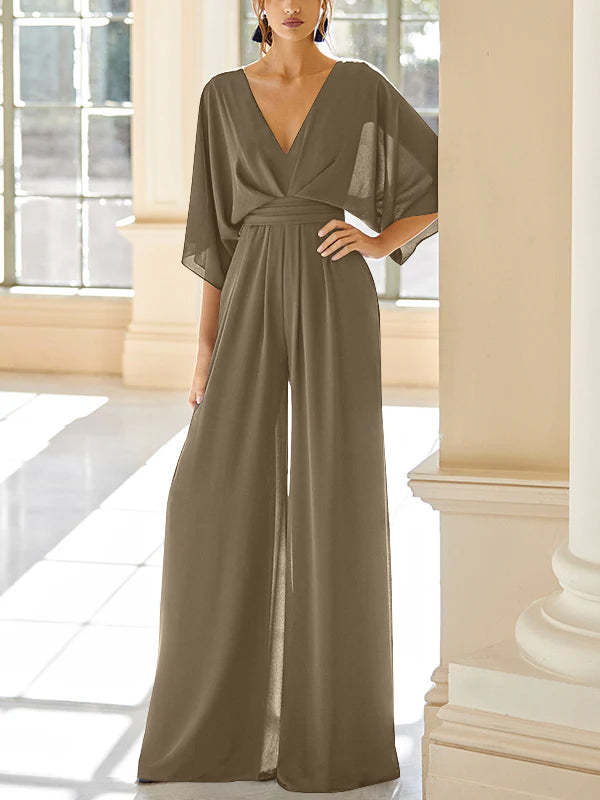 Mother of the Bride V-Neck Chiffon Pantsuit Featuring Pockets