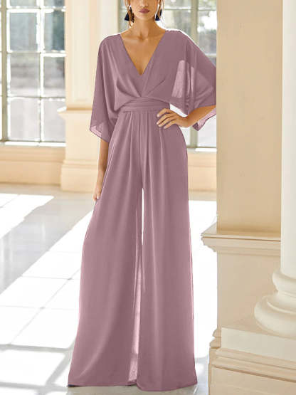 Mother of the Bride V-Neck Chiffon Pantsuit Featuring Pockets