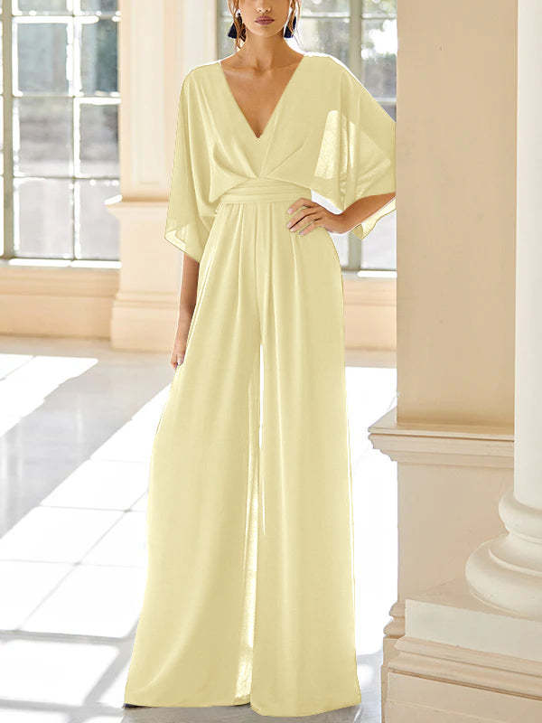 Mother of the Bride V-Neck Chiffon Pantsuit Featuring Pockets