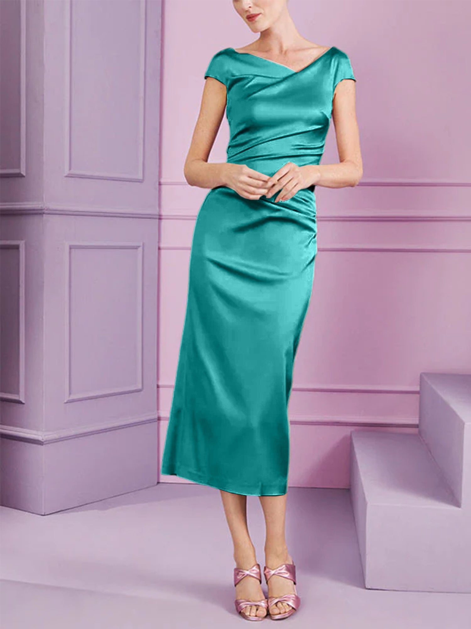 Short Sleeve Tea-Length Cowl Neck Sheath Dress with Ruffles for the Mother of the Bride