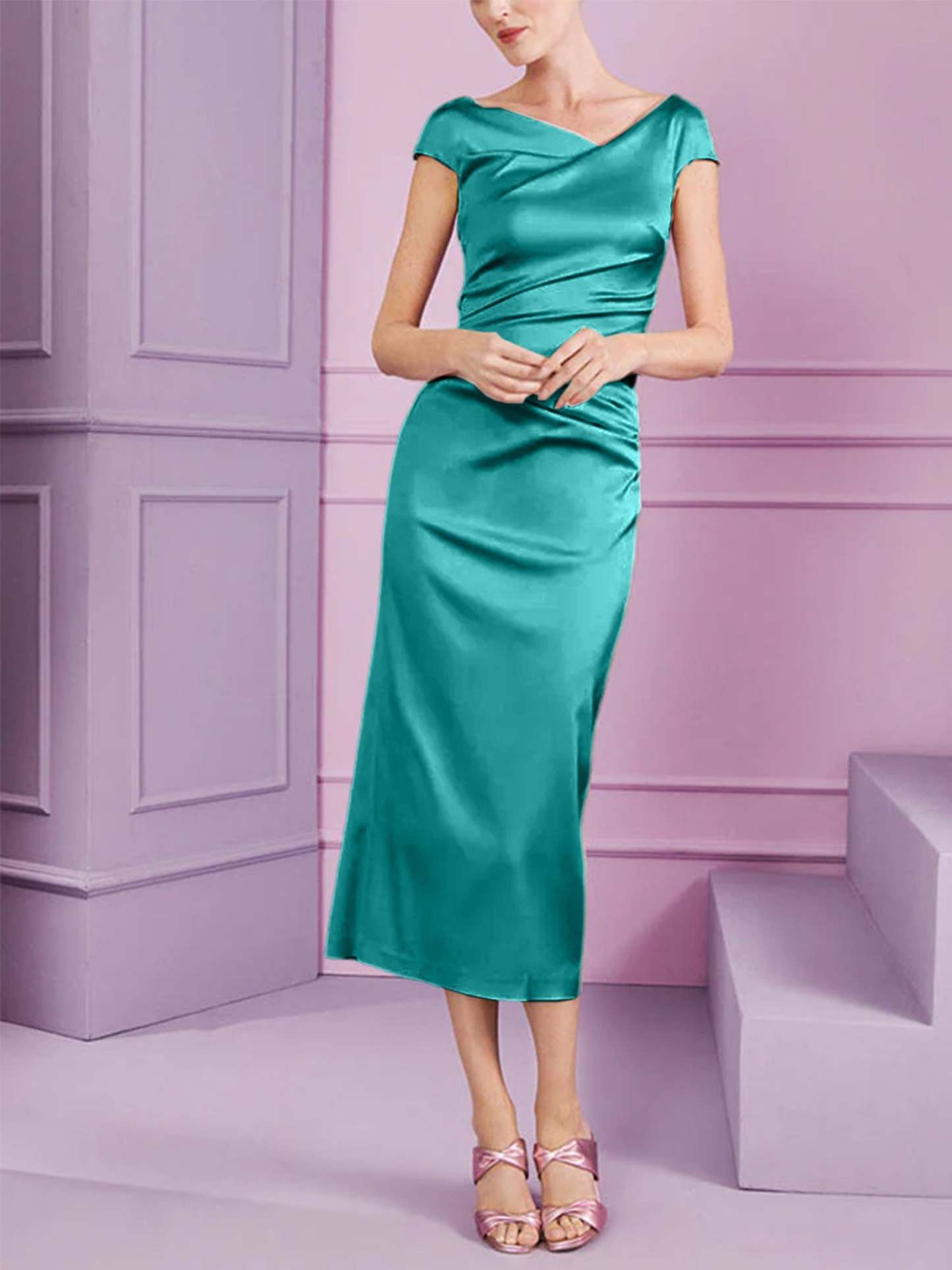 Short Sleeve Tea-Length Cowl Neck Sheath Dress with Ruffles for the Mother of the Bride