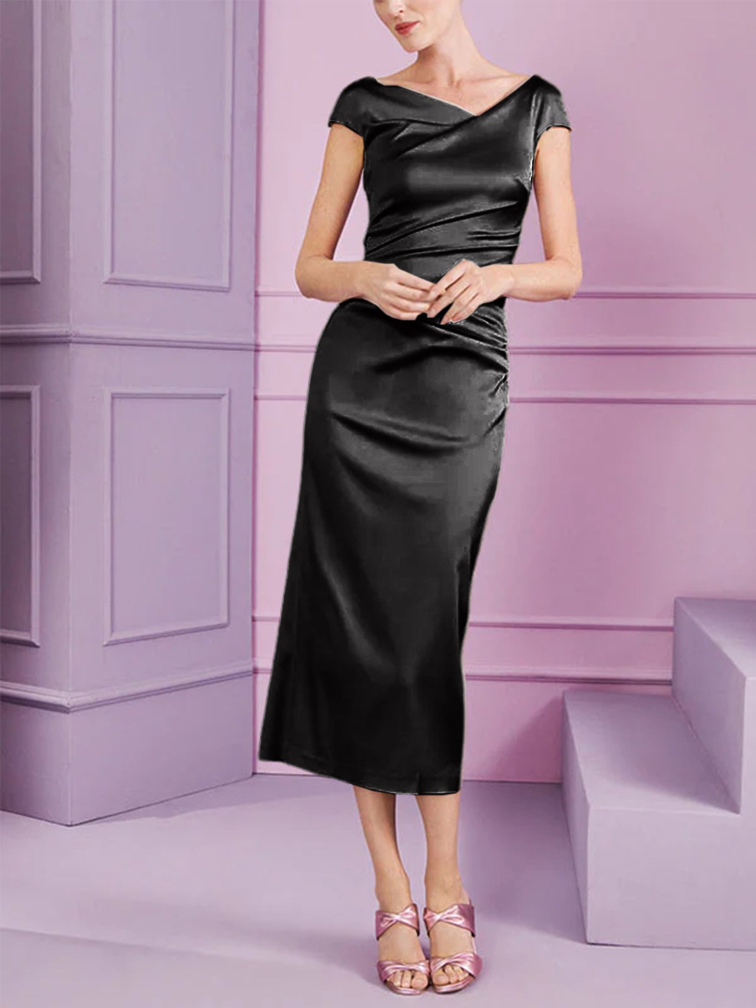 Short Sleeve Tea-Length Cowl Neck Sheath Dress with Ruffles for the Mother of the Bride