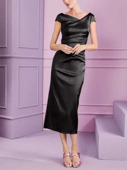 Short Sleeve Tea-Length Cowl Neck Sheath Dress with Ruffles for the Mother of the Bride
