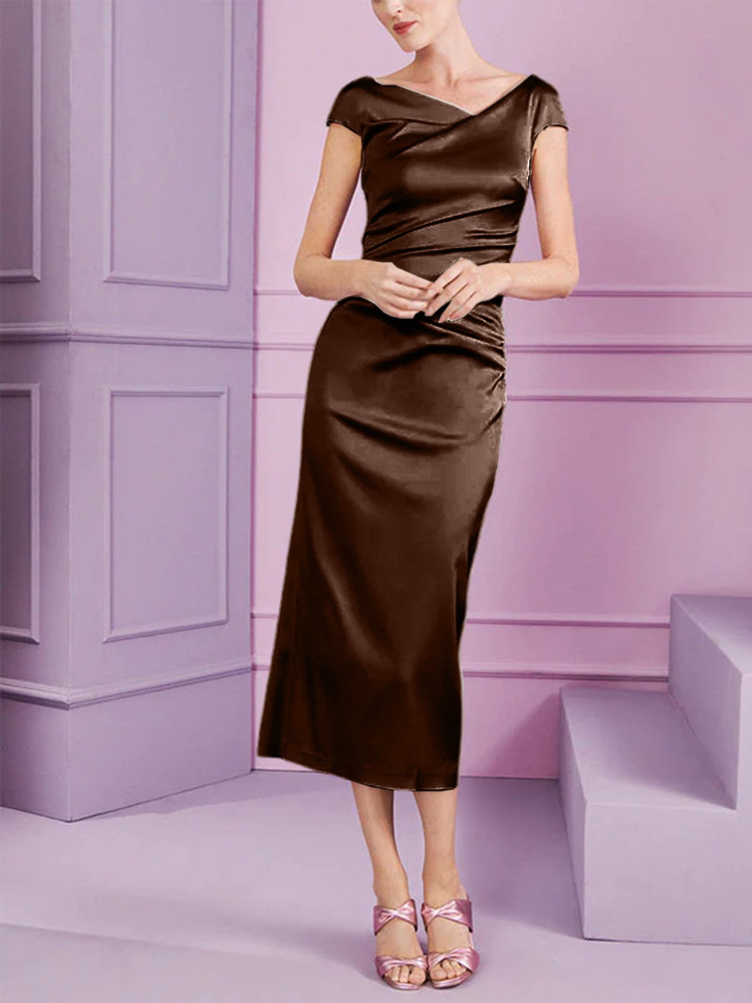 Short Sleeve Tea-Length Cowl Neck Sheath Dress with Ruffles for the Mother of the Bride