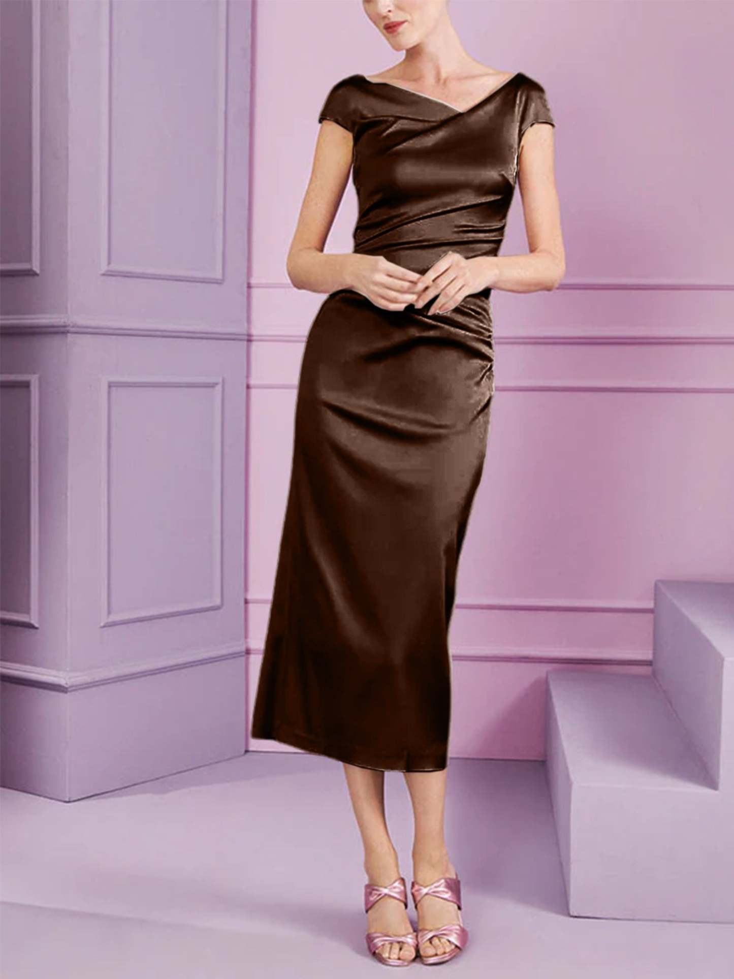 Short Sleeve Tea-Length Cowl Neck Sheath Dress with Ruffles for the Mother of the Bride