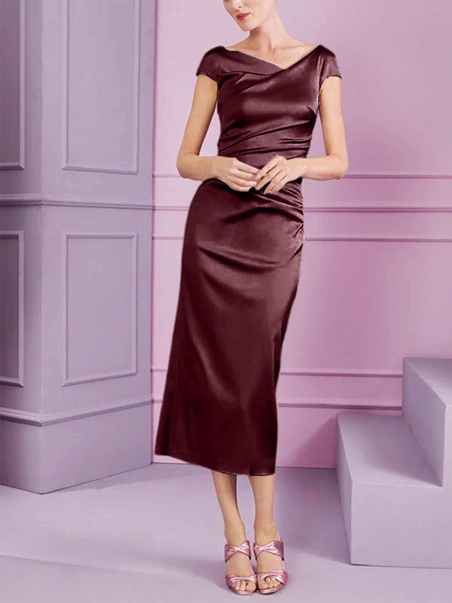Short Sleeve Tea-Length Cowl Neck Sheath Dress with Ruffles for the Mother of the Bride