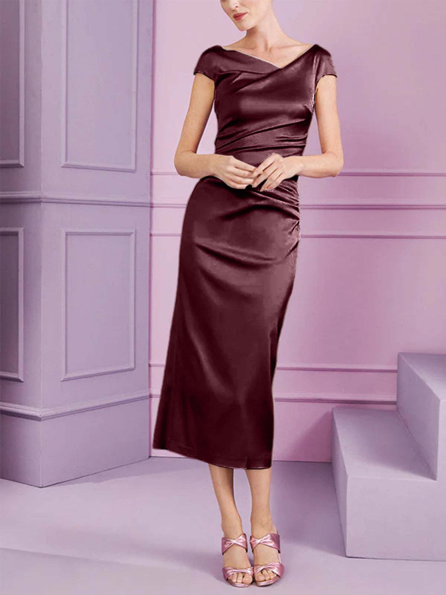 Short Sleeve Tea-Length Cowl Neck Sheath Dress with Ruffles for the Mother of the Bride