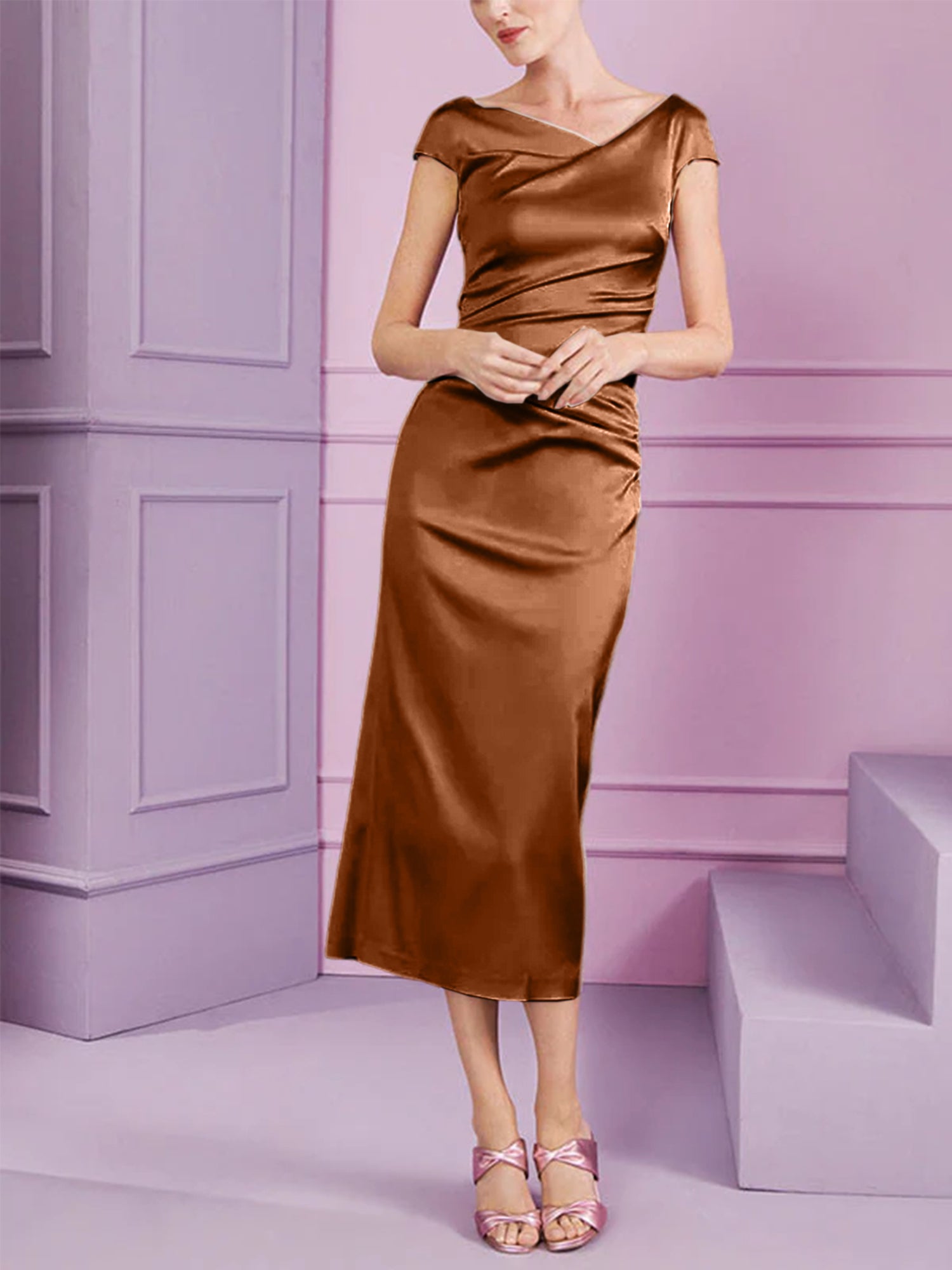 Short Sleeve Tea-Length Cowl Neck Sheath Dress with Ruffles for the Mother of the Bride