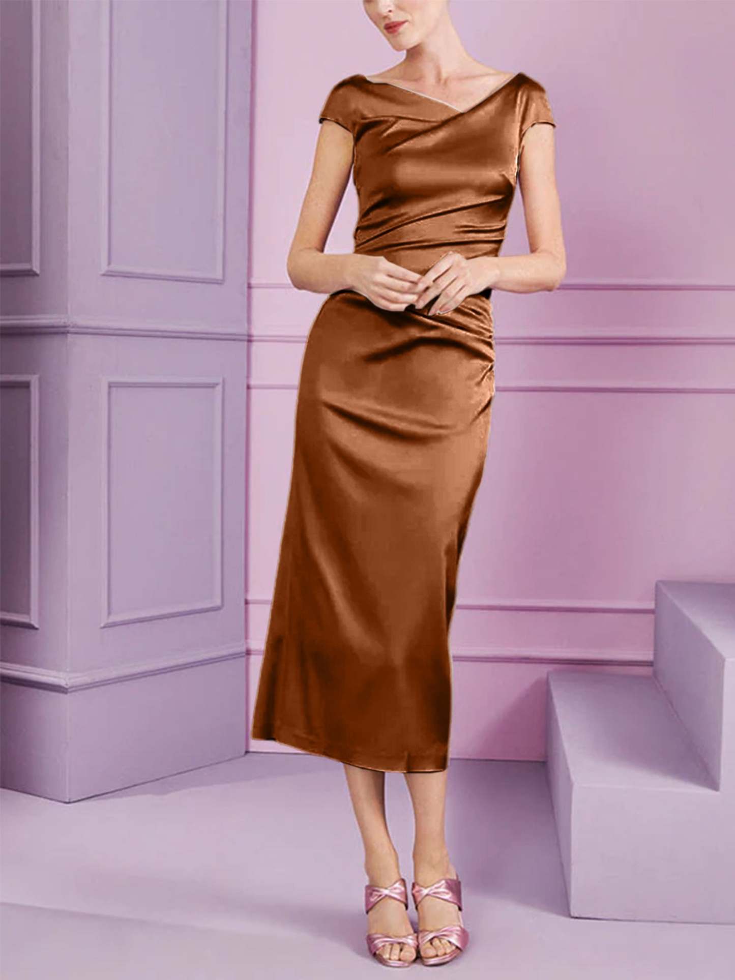 Short Sleeve Tea-Length Cowl Neck Sheath Dress with Ruffles for the Mother of the Bride