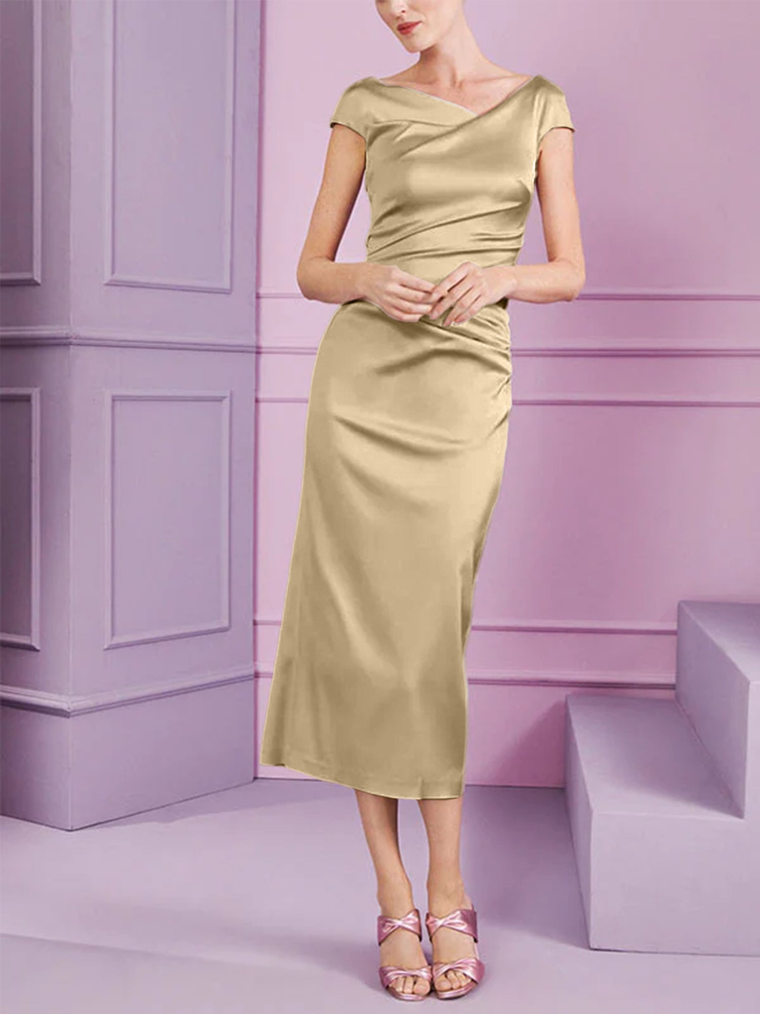 Short Sleeve Tea-Length Cowl Neck Sheath Dress with Ruffles for the Mother of the Bride