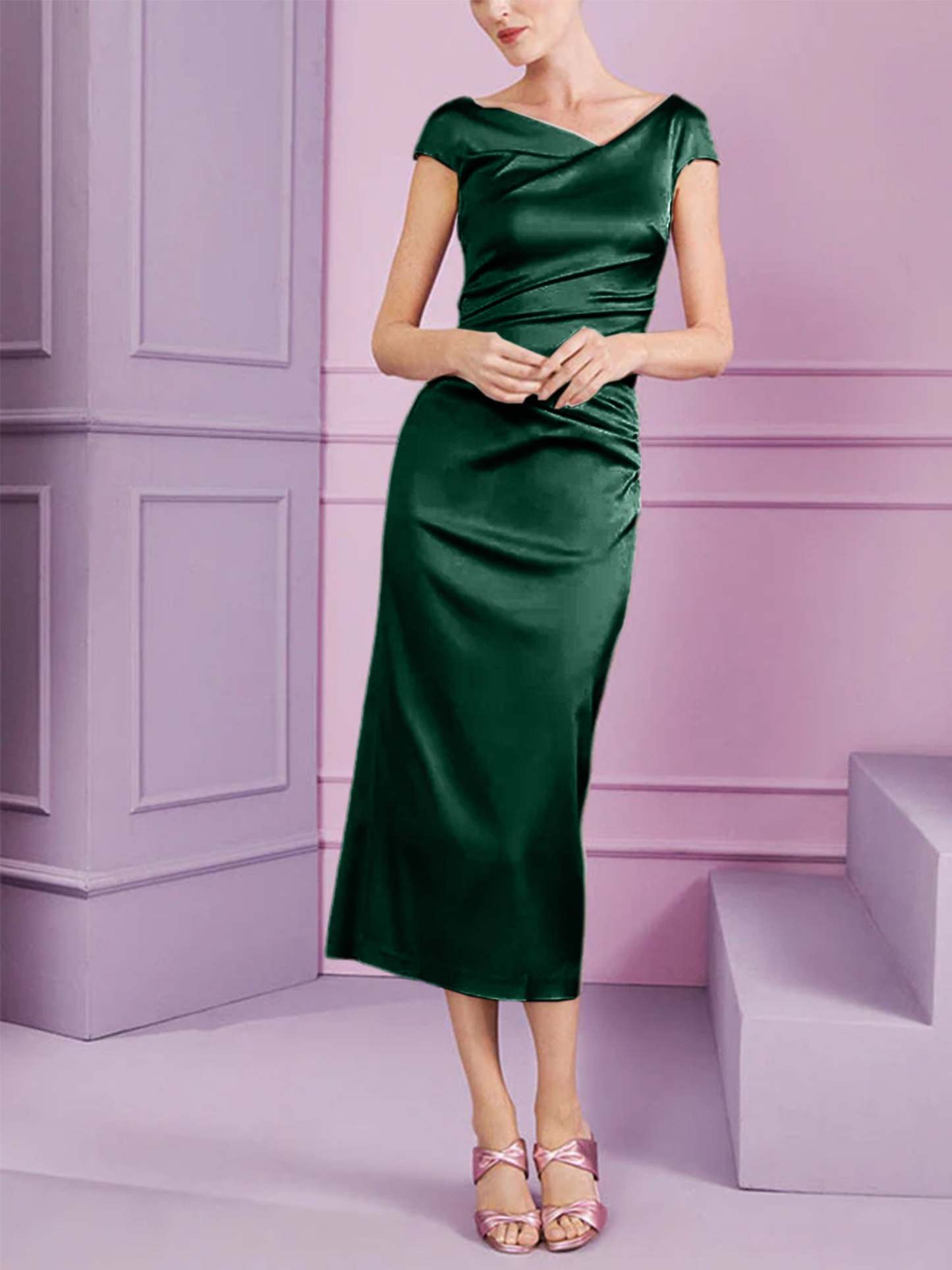 Short Sleeve Tea-Length Cowl Neck Sheath Dress with Ruffles for the Mother of the Bride