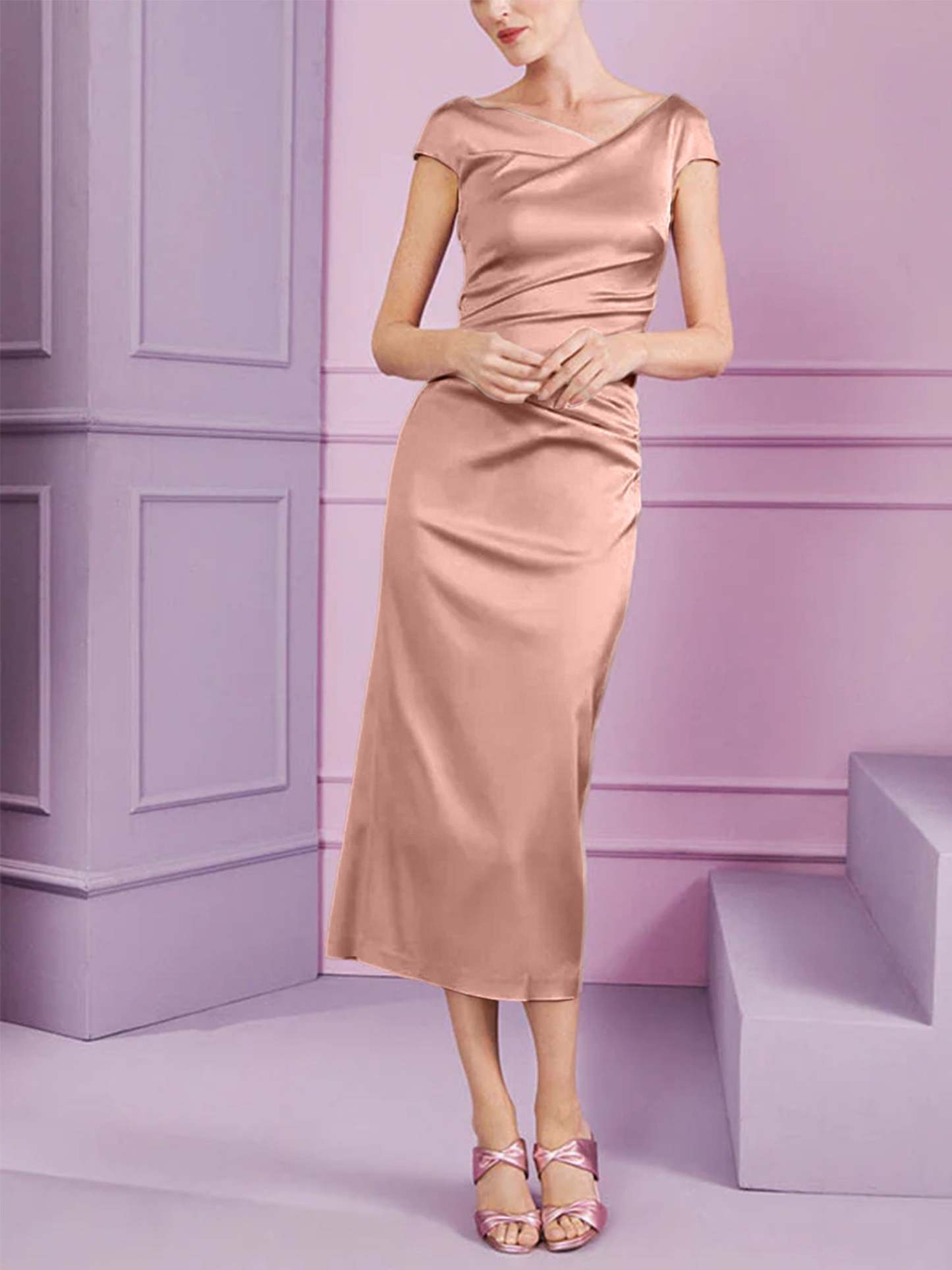 Short Sleeve Tea-Length Cowl Neck Sheath Dress with Ruffles for the Mother of the Bride