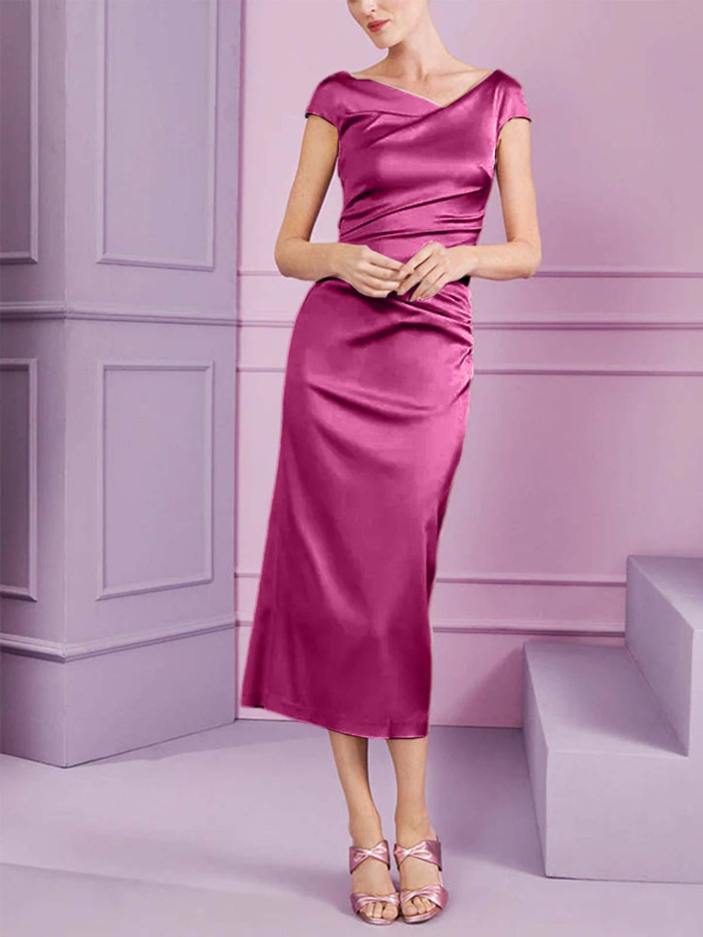 Short Sleeve Tea-Length Cowl Neck Sheath Dress with Ruffles for the Mother of the Bride