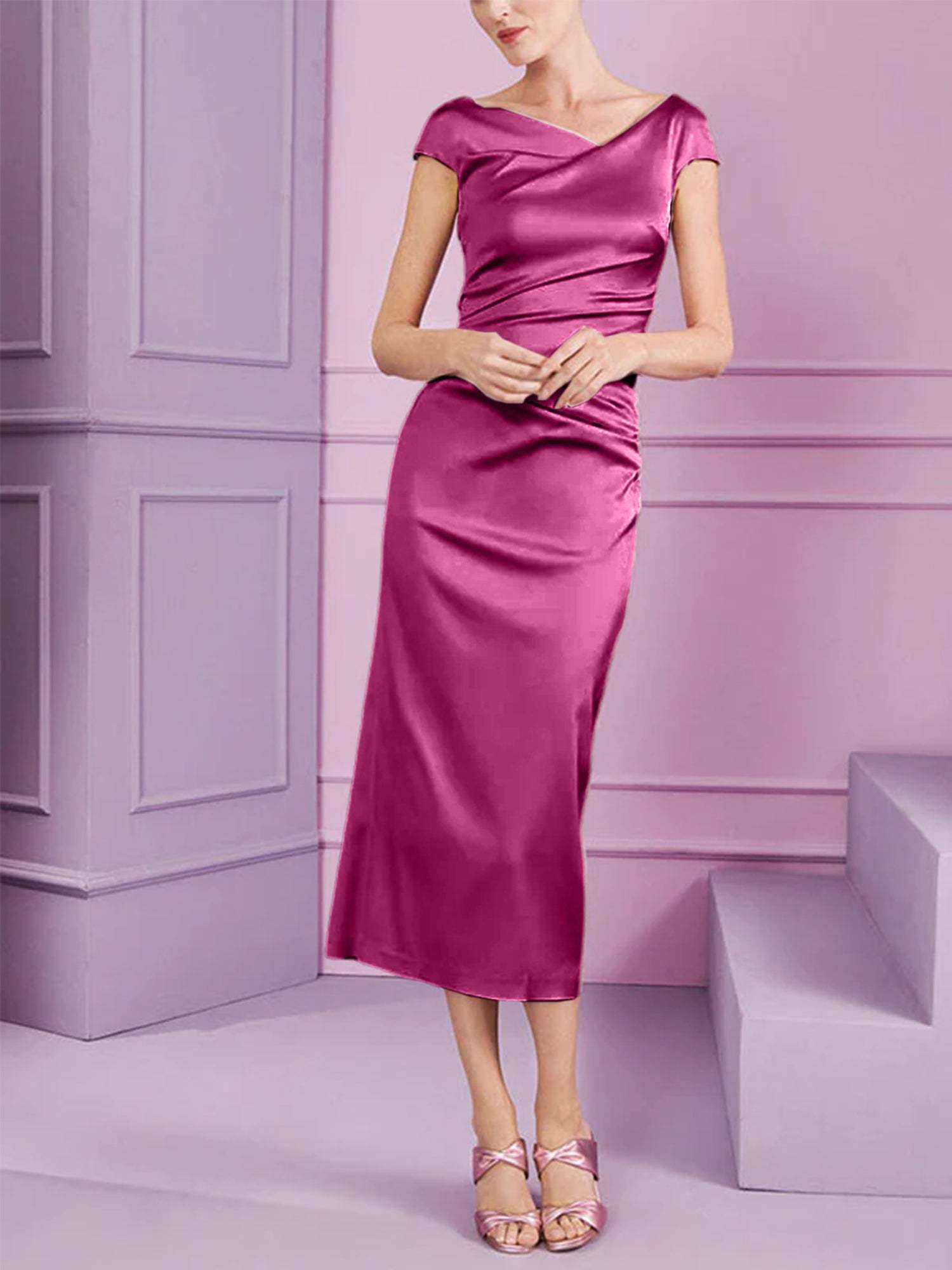 Short Sleeve Tea-Length Cowl Neck Sheath Dress with Ruffles for the Mother of the Bride