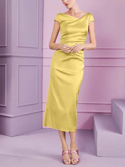 Short Sleeve Tea-Length Cowl Neck Sheath Dress with Ruffles for the Mother of the Bride