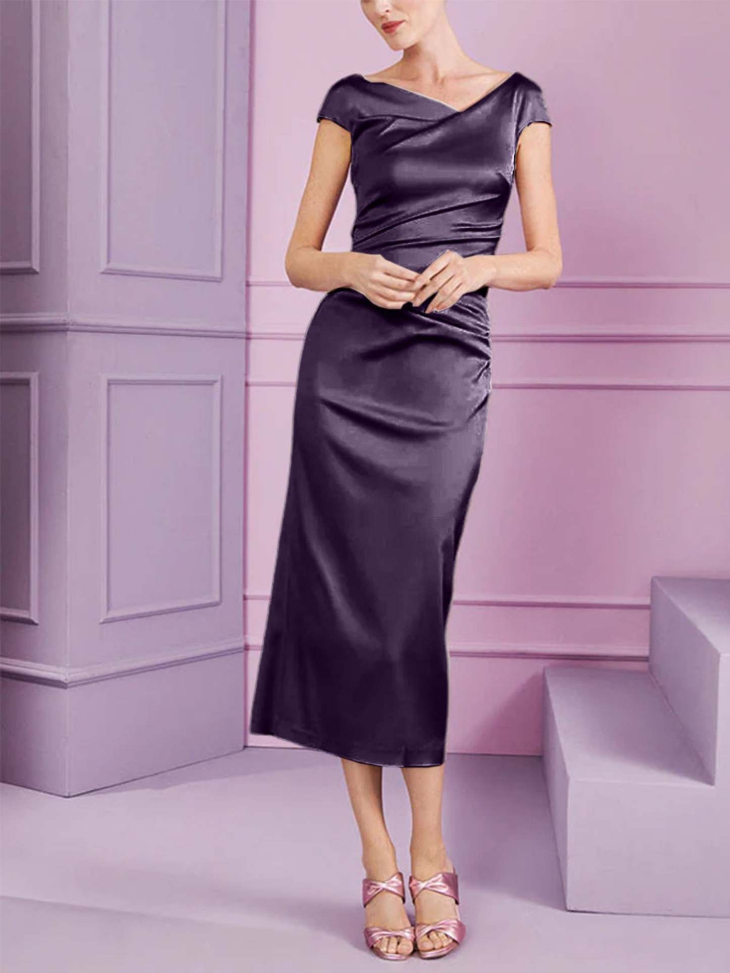 Short Sleeve Tea-Length Cowl Neck Sheath Dress with Ruffles for the Mother of the Bride