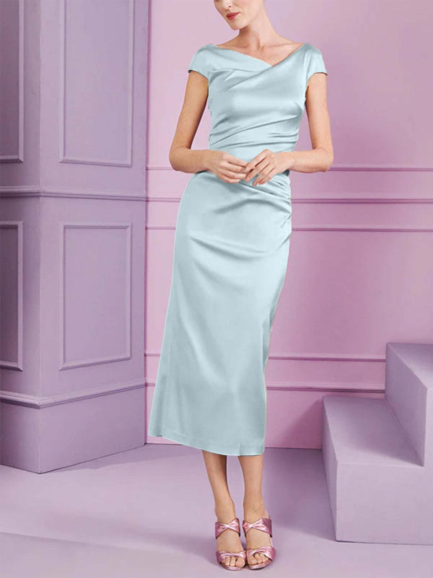 Short Sleeve Tea-Length Cowl Neck Sheath Dress with Ruffles for the Mother of the Bride