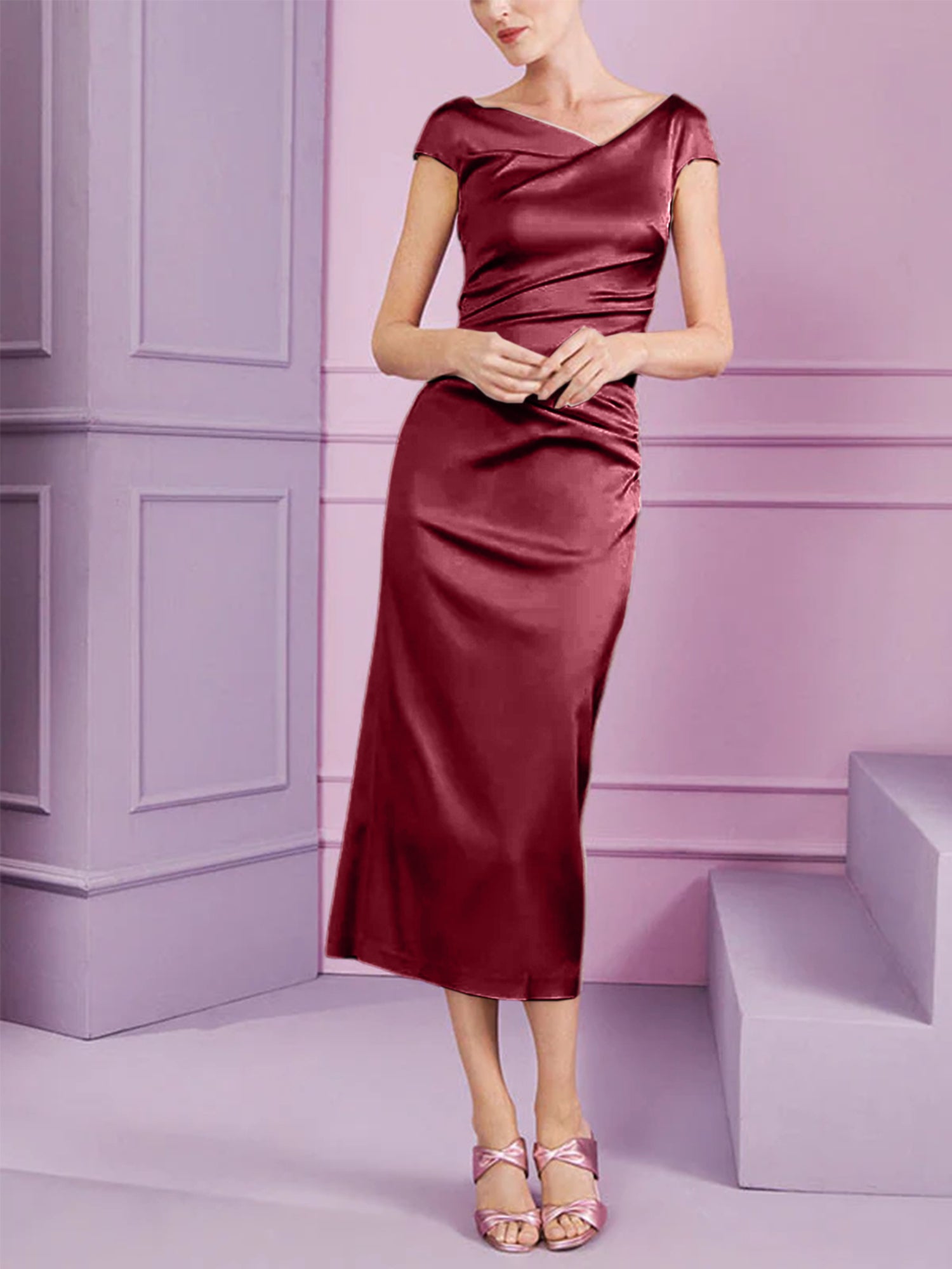Short Sleeve Tea-Length Cowl Neck Sheath Dress with Ruffles for the Mother of the Bride
