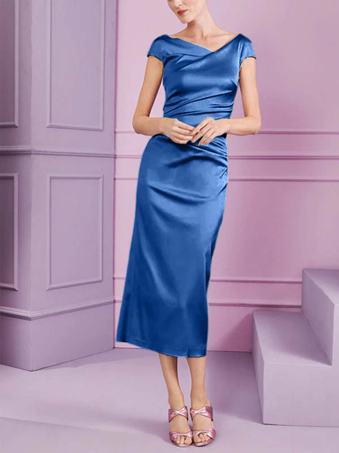 Short Sleeve Tea-Length Cowl Neck Sheath Dress with Ruffles for the Mother of the Bride