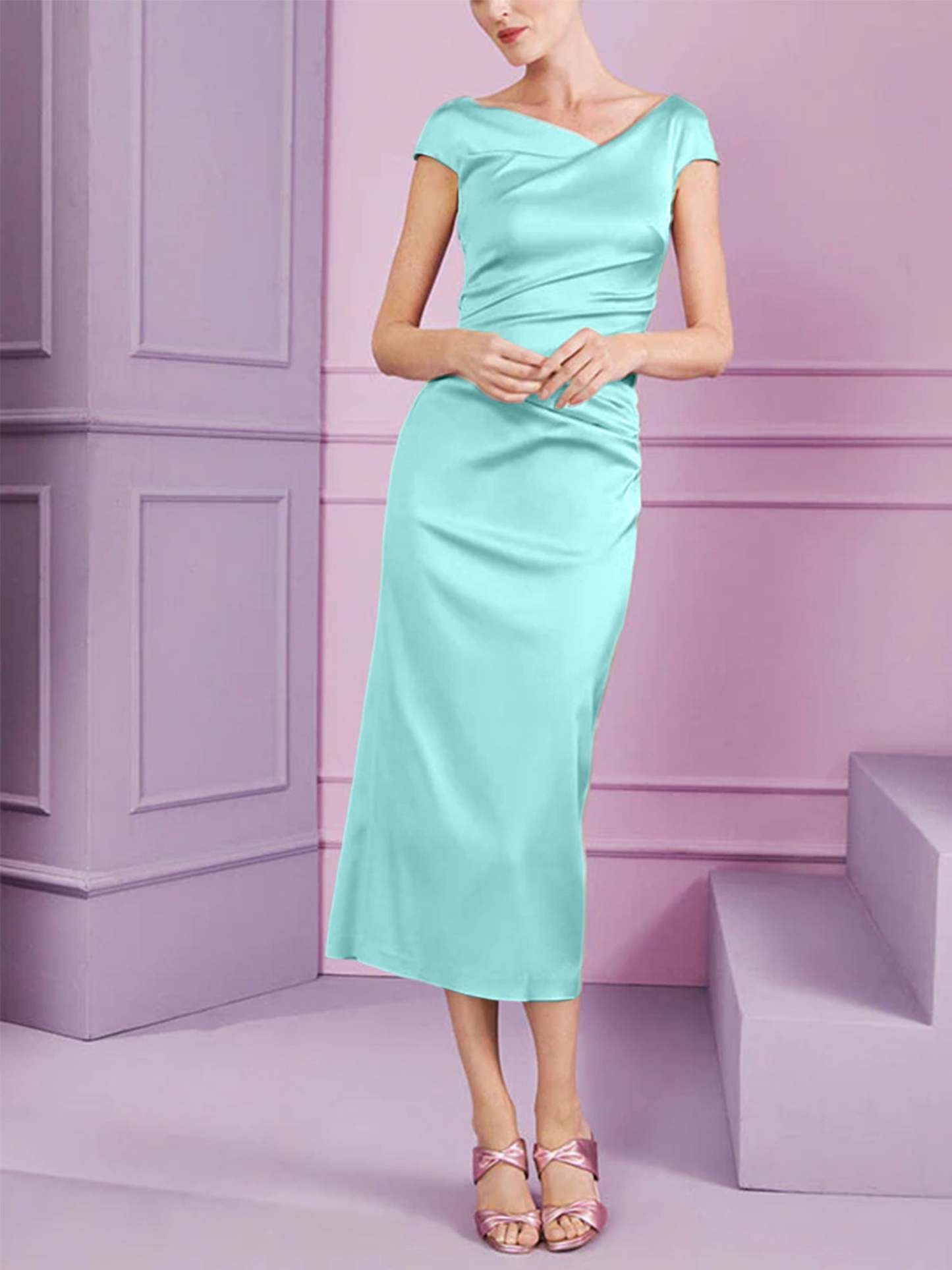 Short Sleeve Tea-Length Cowl Neck Sheath Dress with Ruffles for the Mother of the Bride
