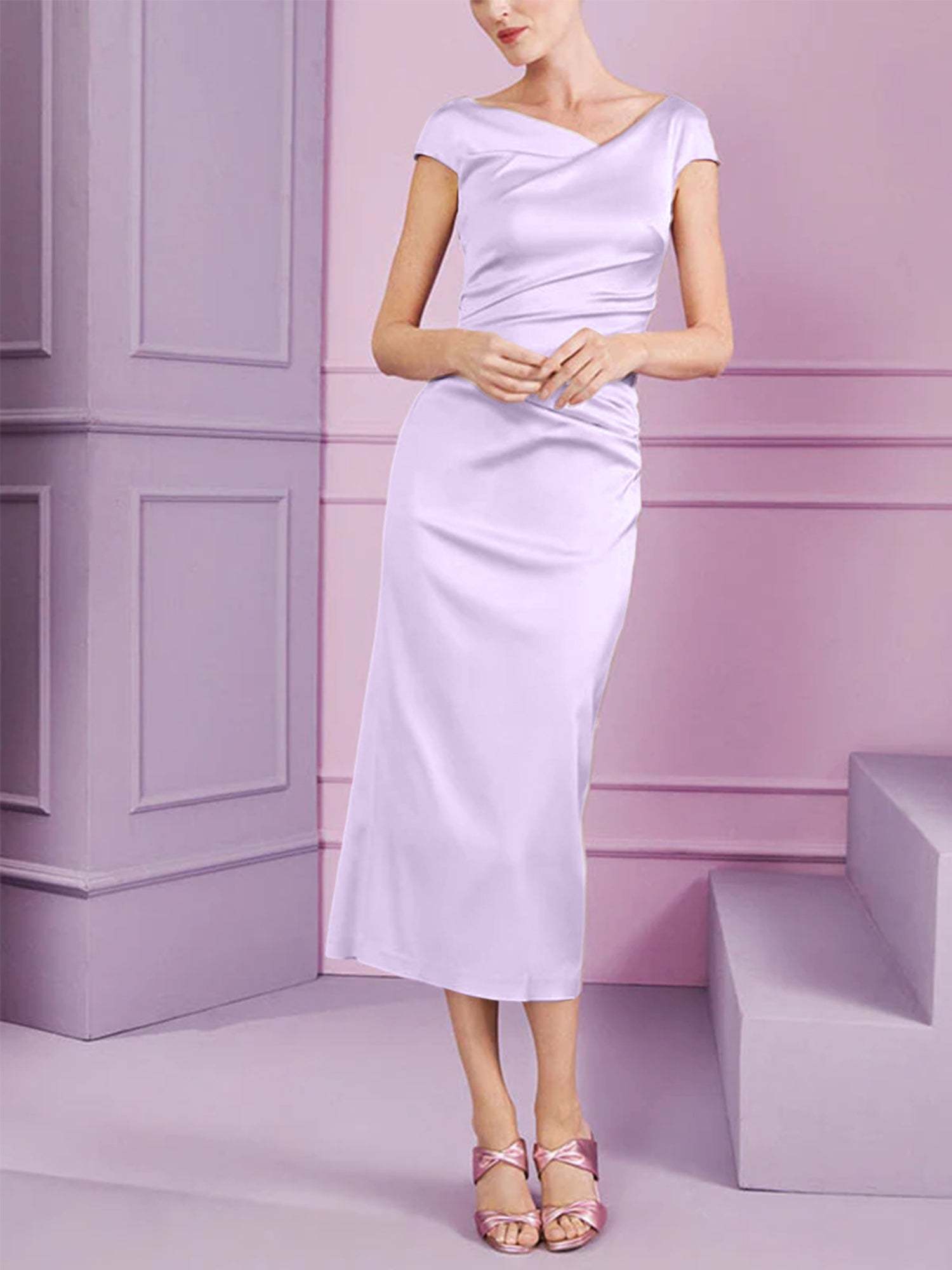 Short Sleeve Tea-Length Cowl Neck Sheath Dress with Ruffles for the Mother of the Bride