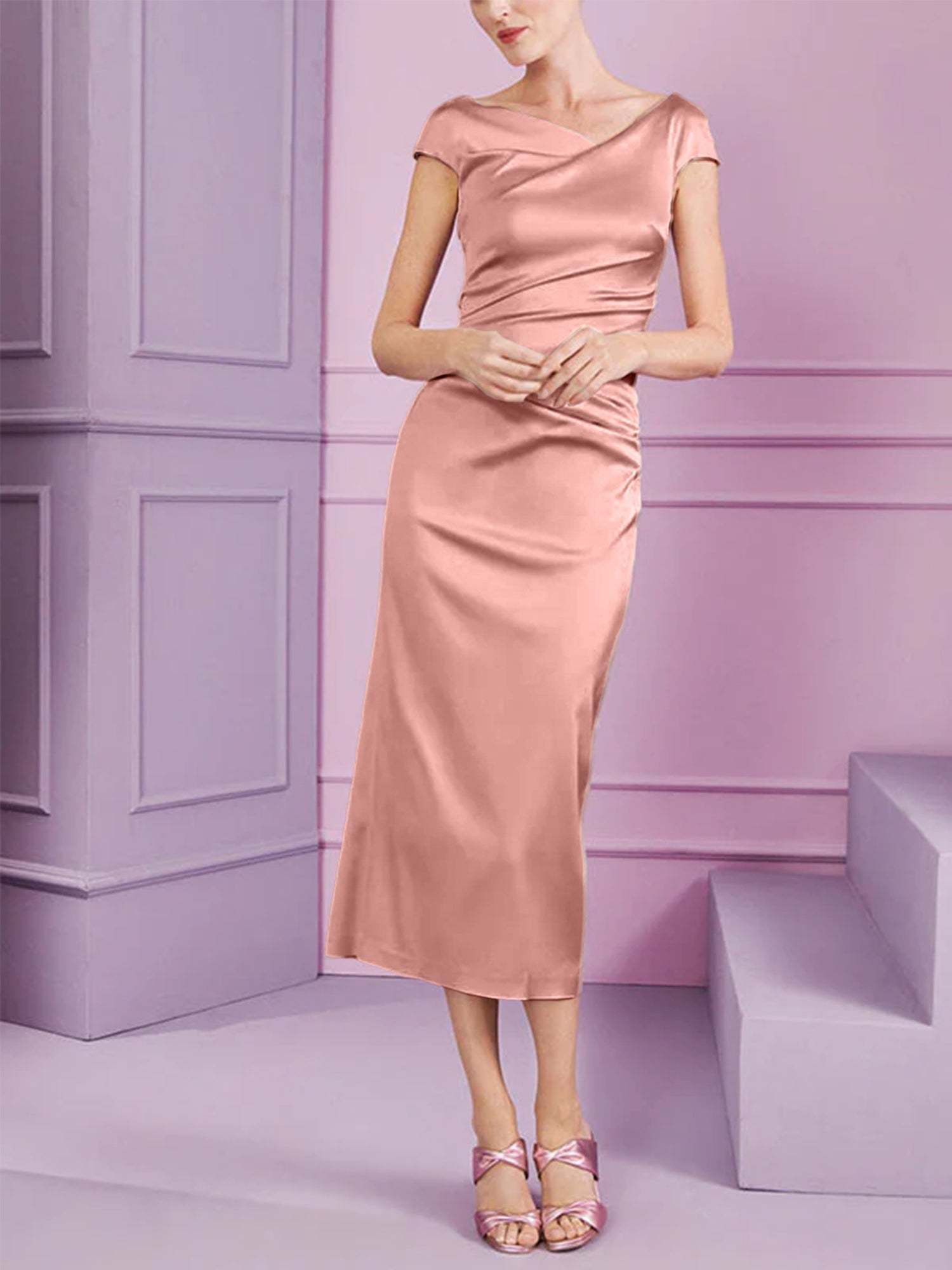 Short Sleeve Tea-Length Cowl Neck Sheath Dress with Ruffles for the Mother of the Bride