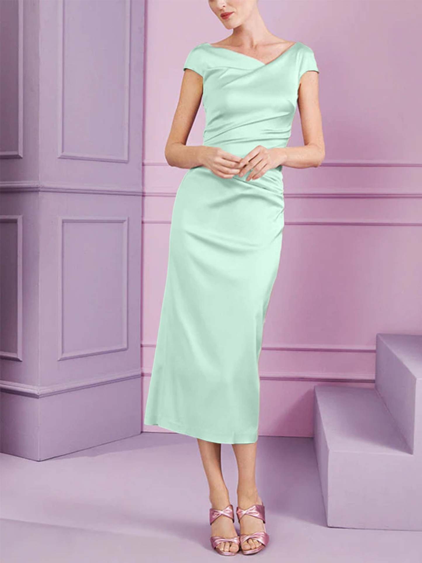 Short Sleeve Tea-Length Cowl Neck Sheath Dress with Ruffles for the Mother of the Bride