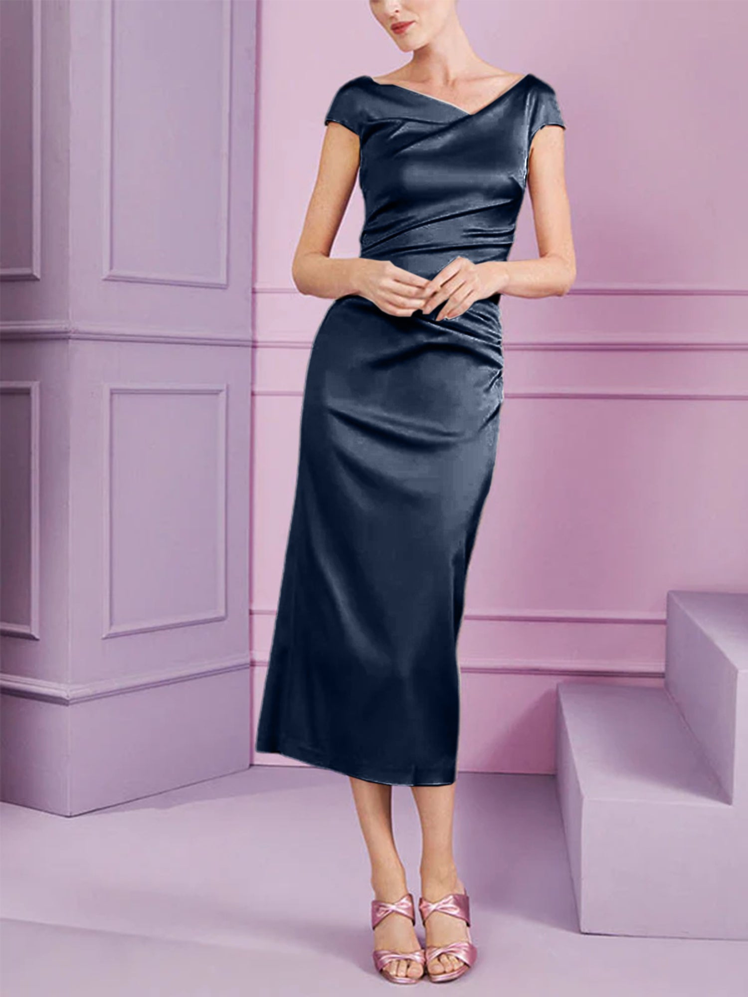 Short Sleeve Tea-Length Cowl Neck Sheath Dress with Ruffles for the Mother of the Bride