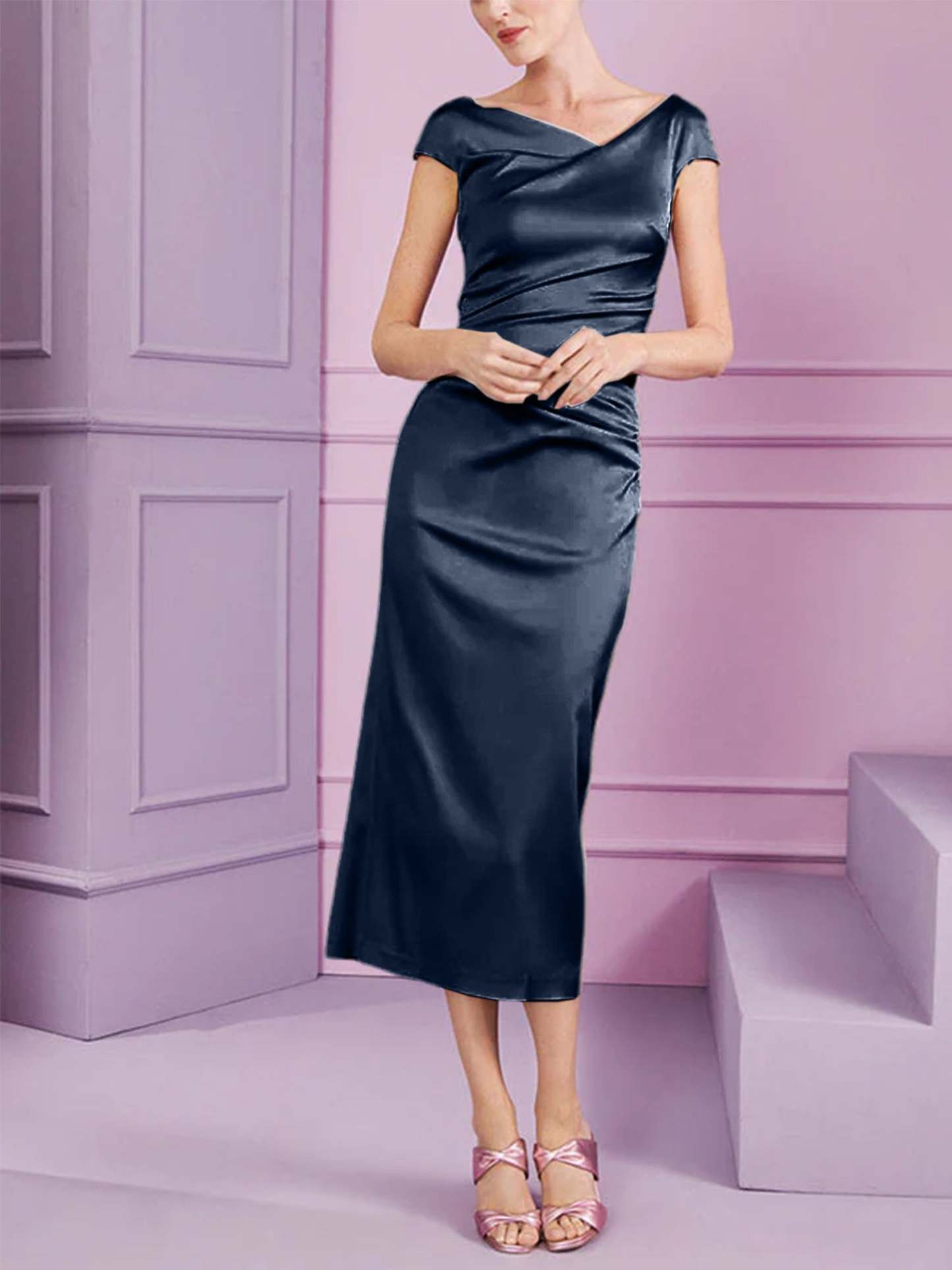 Short Sleeve Tea-Length Cowl Neck Sheath Dress with Ruffles for the Mother of the Bride