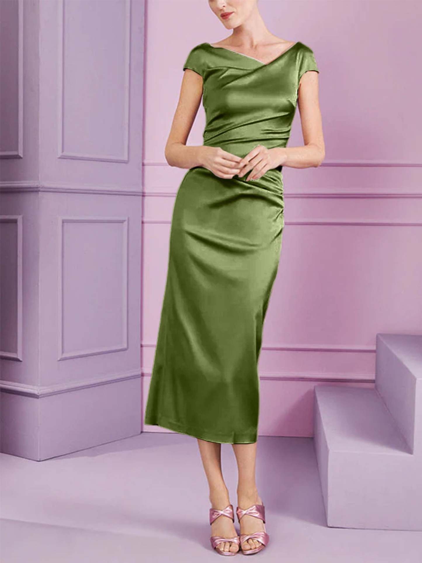 Short Sleeve Tea-Length Cowl Neck Sheath Dress with Ruffles for the Mother of the Bride