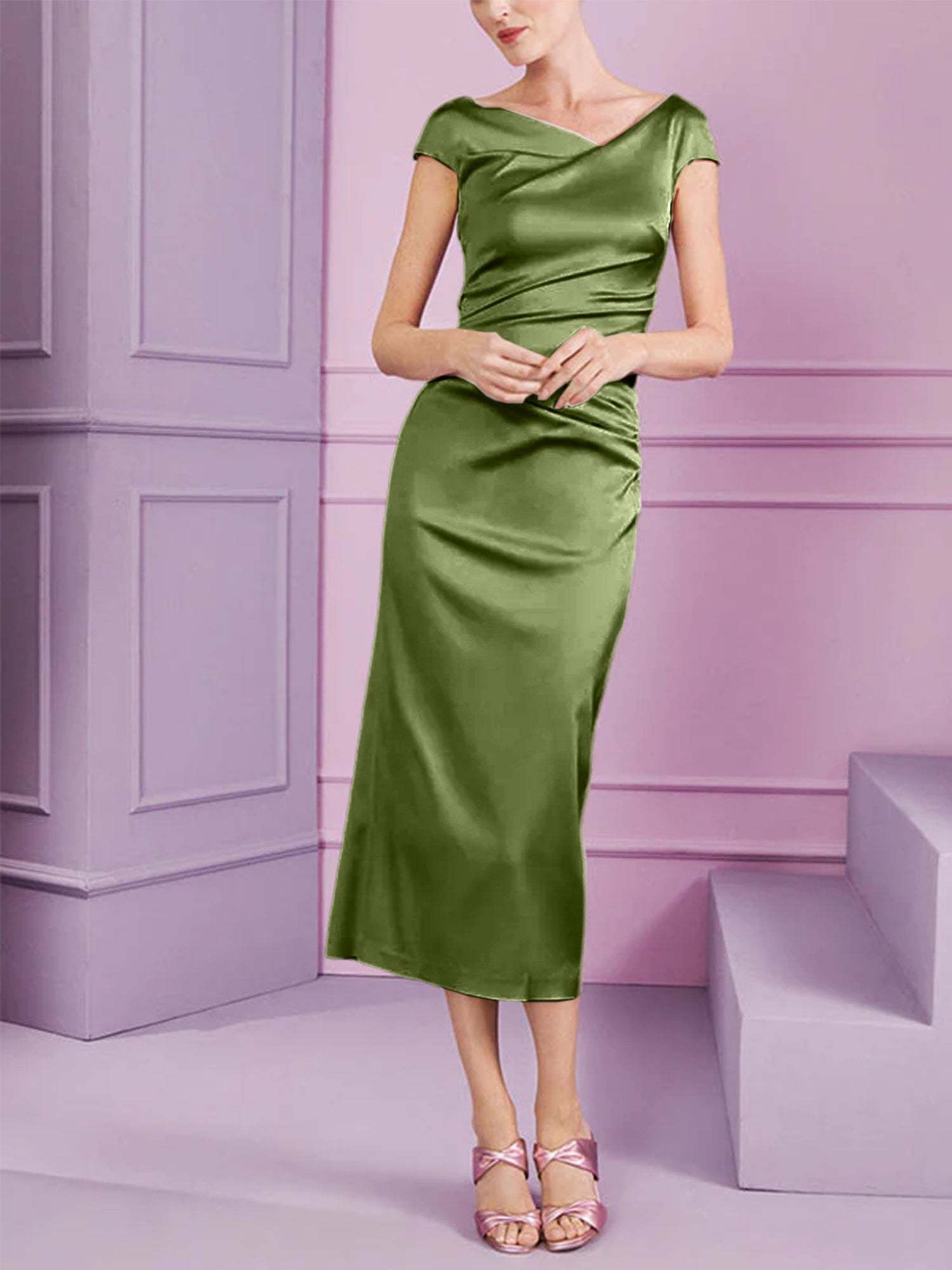 Short Sleeve Tea-Length Cowl Neck Sheath Dress with Ruffles for the Mother of the Bride