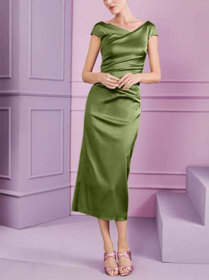 Short Sleeve Tea-Length Cowl Neck Sheath Dress with Ruffles for the Mother of the Bride