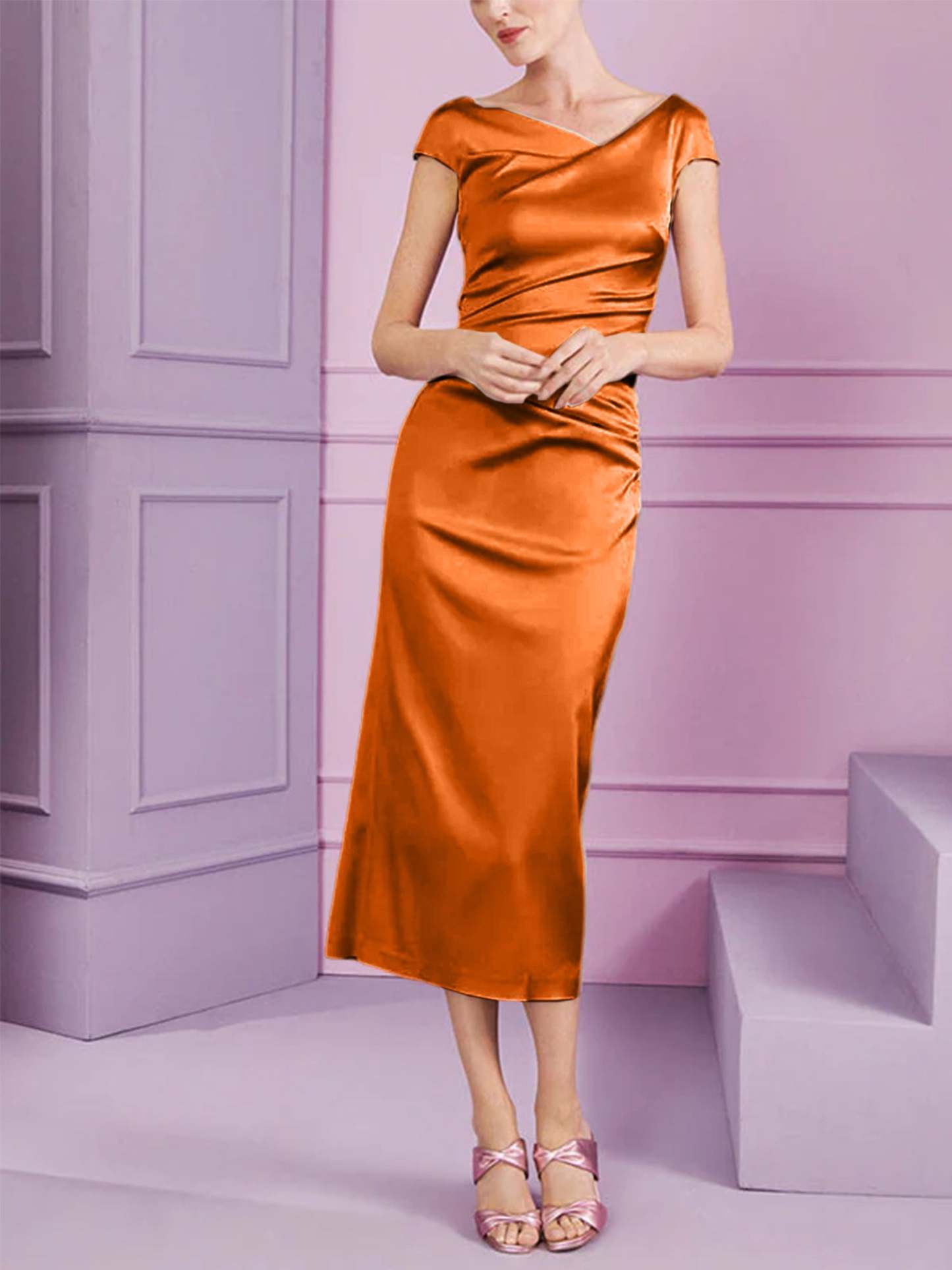 Short Sleeve Tea-Length Cowl Neck Sheath Dress with Ruffles for the Mother of the Bride