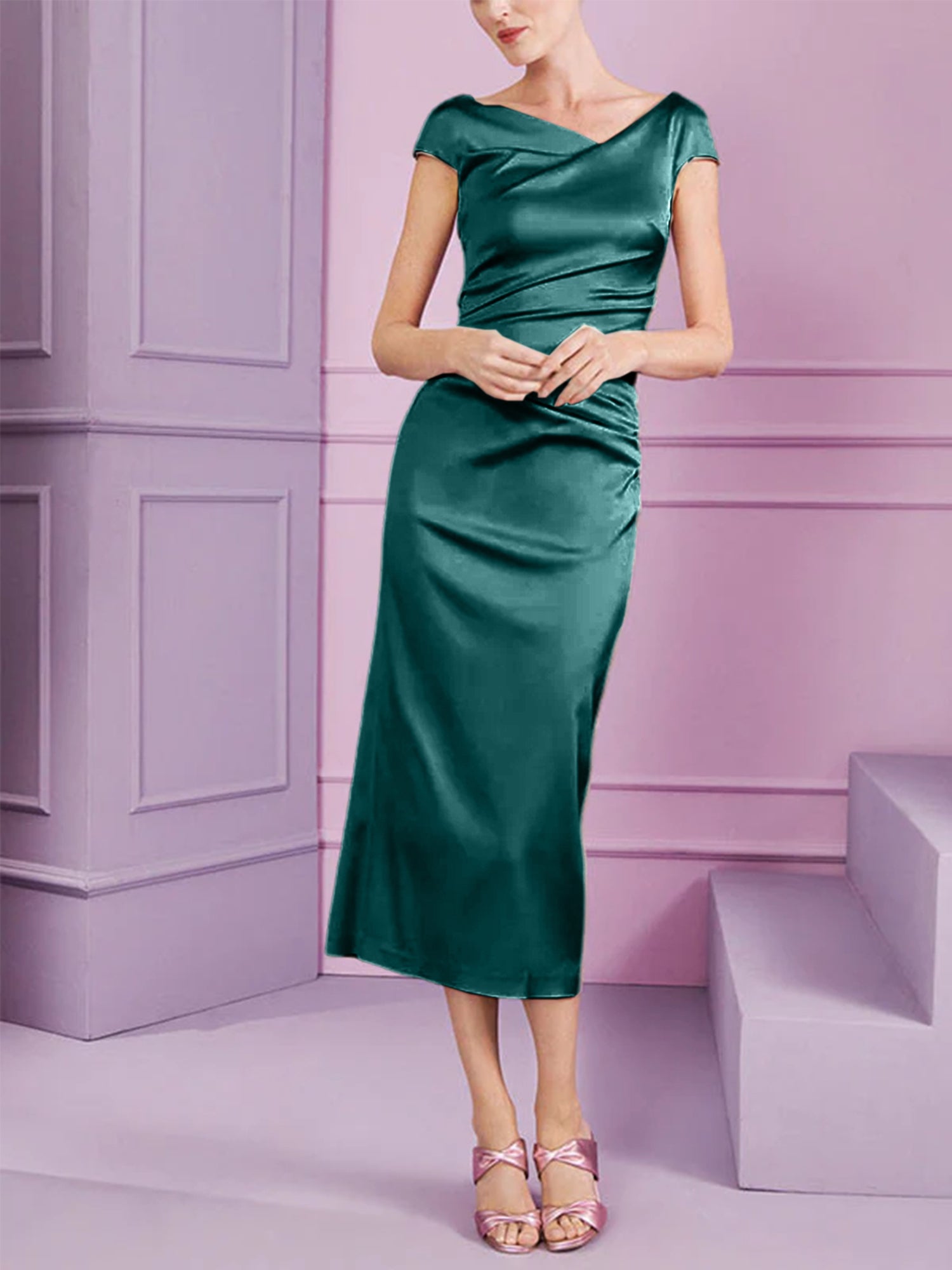 Short Sleeve Tea-Length Cowl Neck Sheath Dress with Ruffles for the Mother of the Bride
