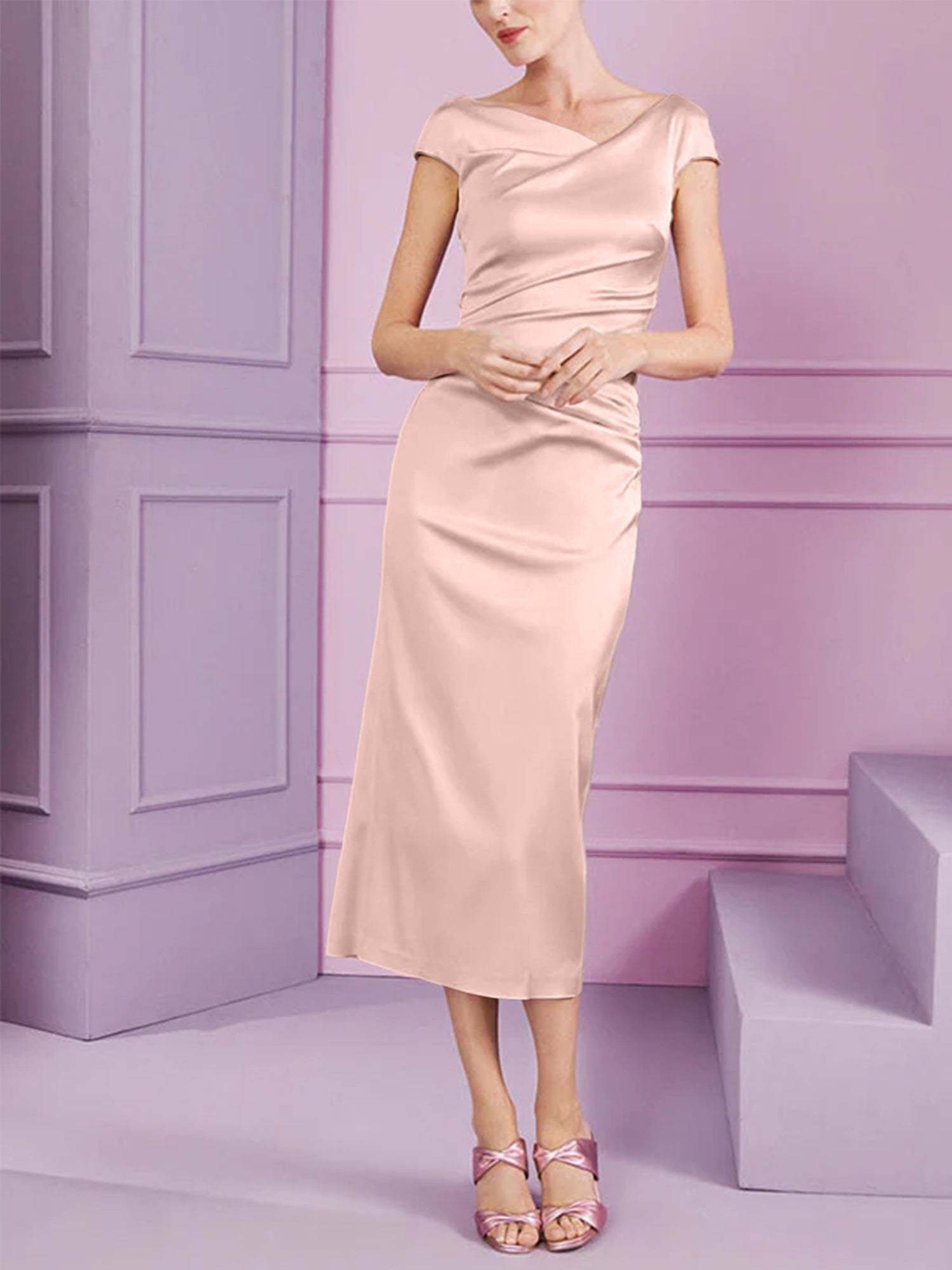 Short Sleeve Tea-Length Cowl Neck Sheath Dress with Ruffles for the Mother of the Bride