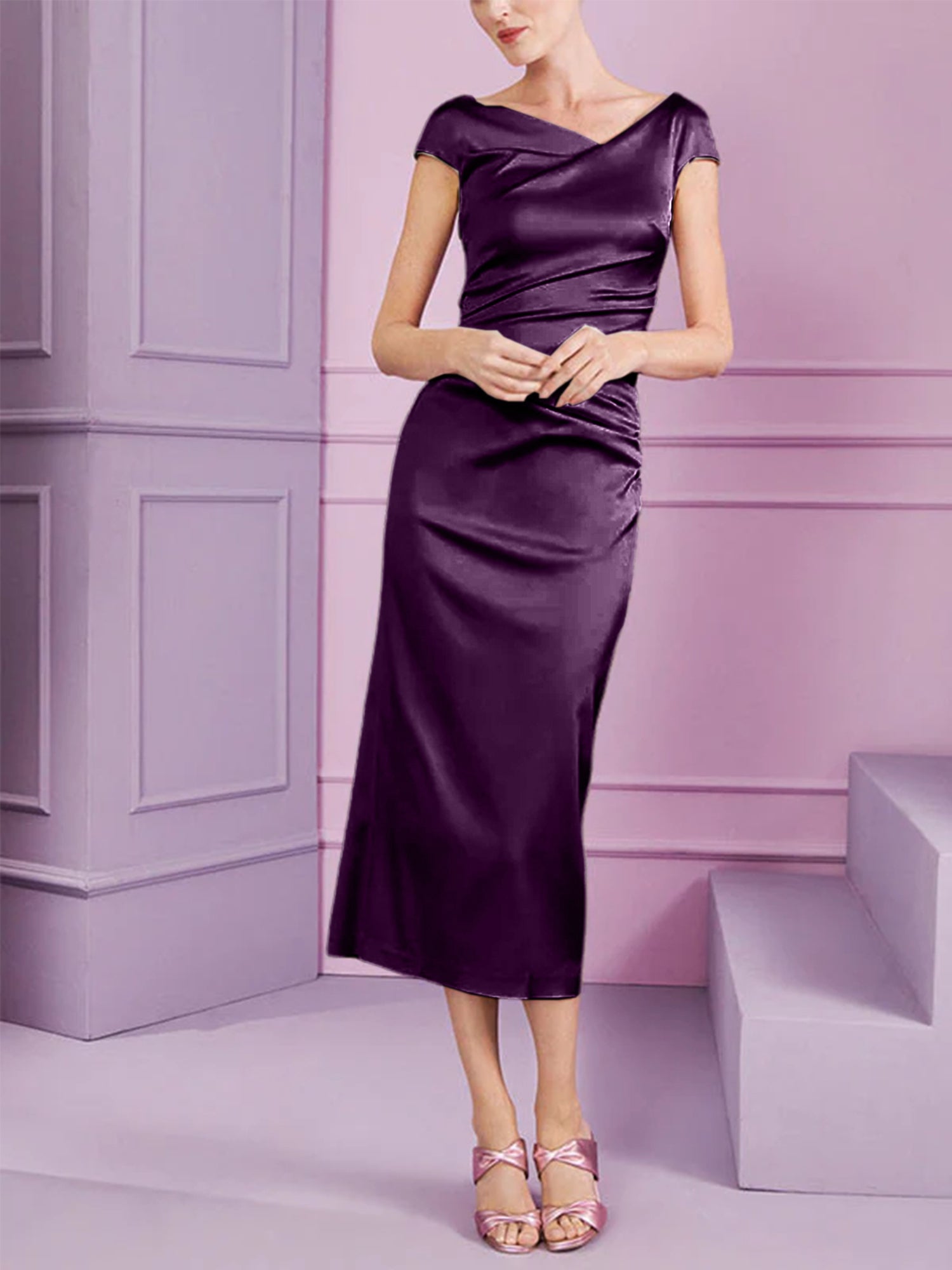 Short Sleeve Tea-Length Cowl Neck Sheath Dress with Ruffles for the Mother of the Bride
