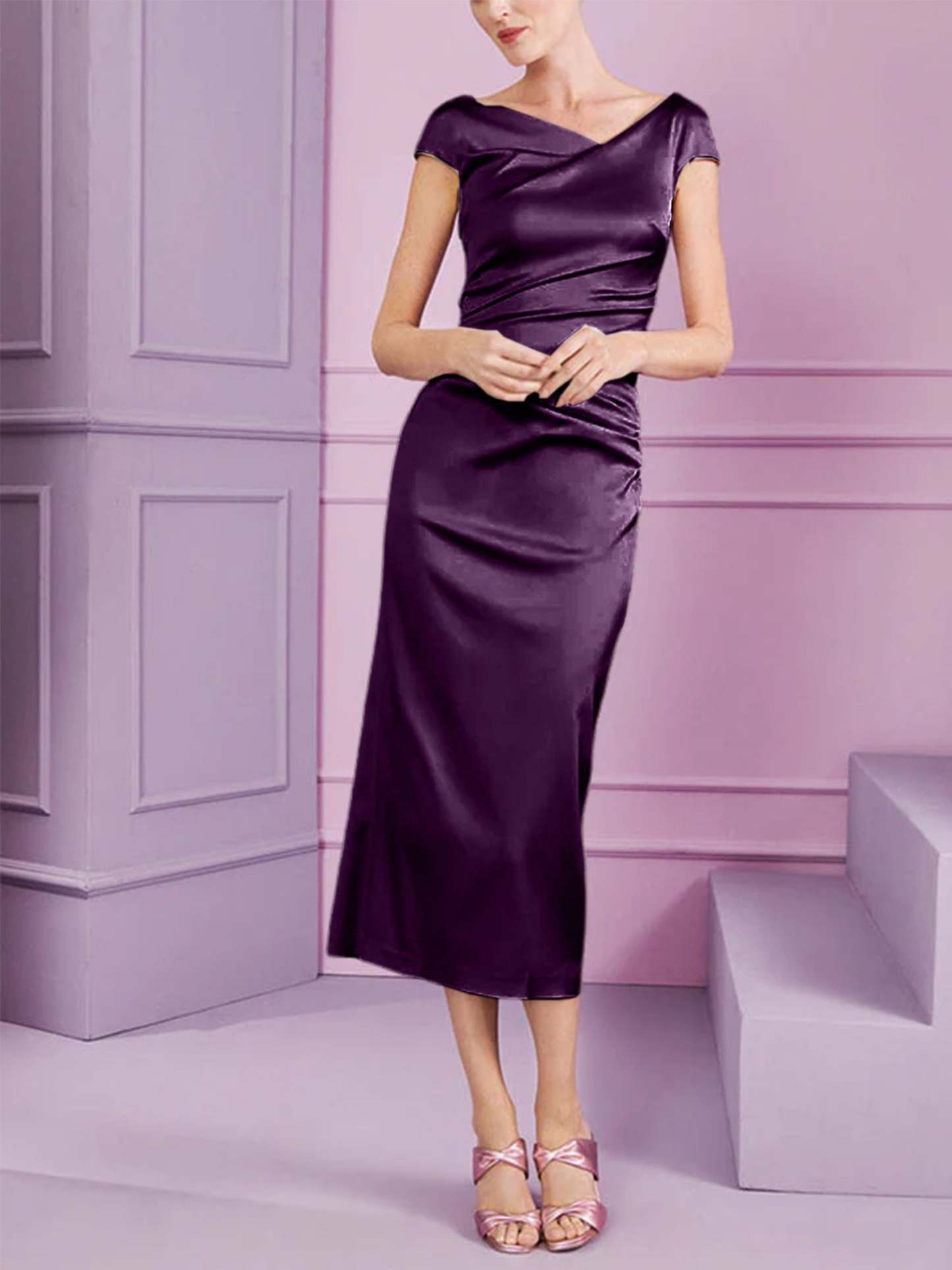 Short Sleeve Tea-Length Cowl Neck Sheath Dress with Ruffles for the Mother of the Bride