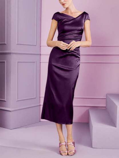 Short Sleeve Tea-Length Cowl Neck Sheath Dress with Ruffles for the Mother of the Bride