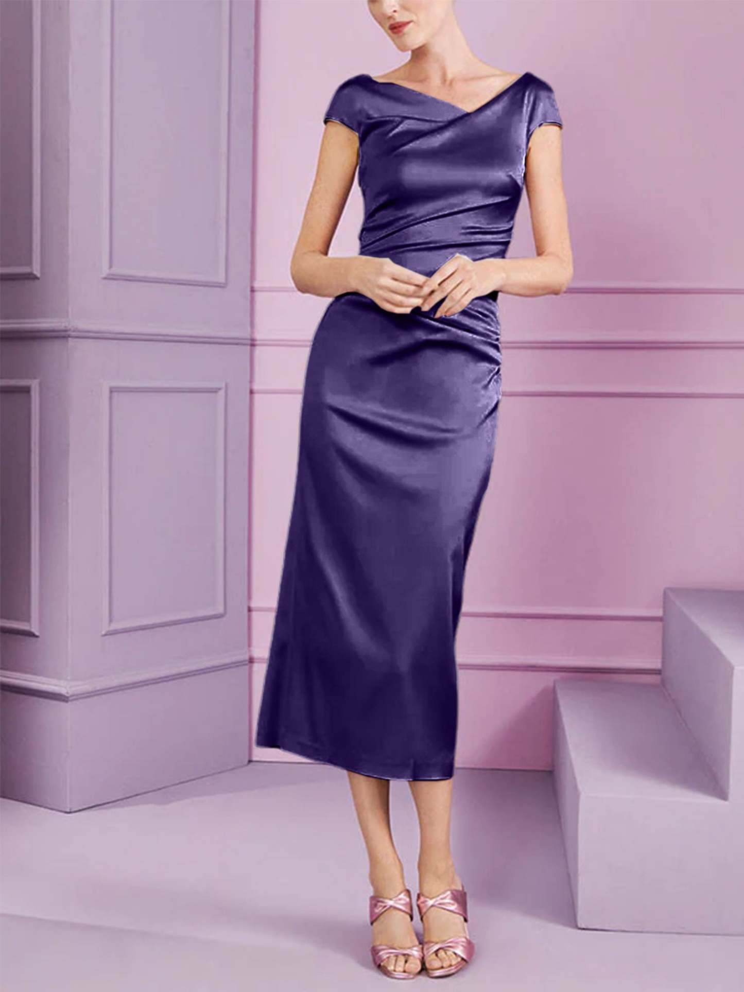 Short Sleeve Tea-Length Cowl Neck Sheath Dress with Ruffles for the Mother of the Bride