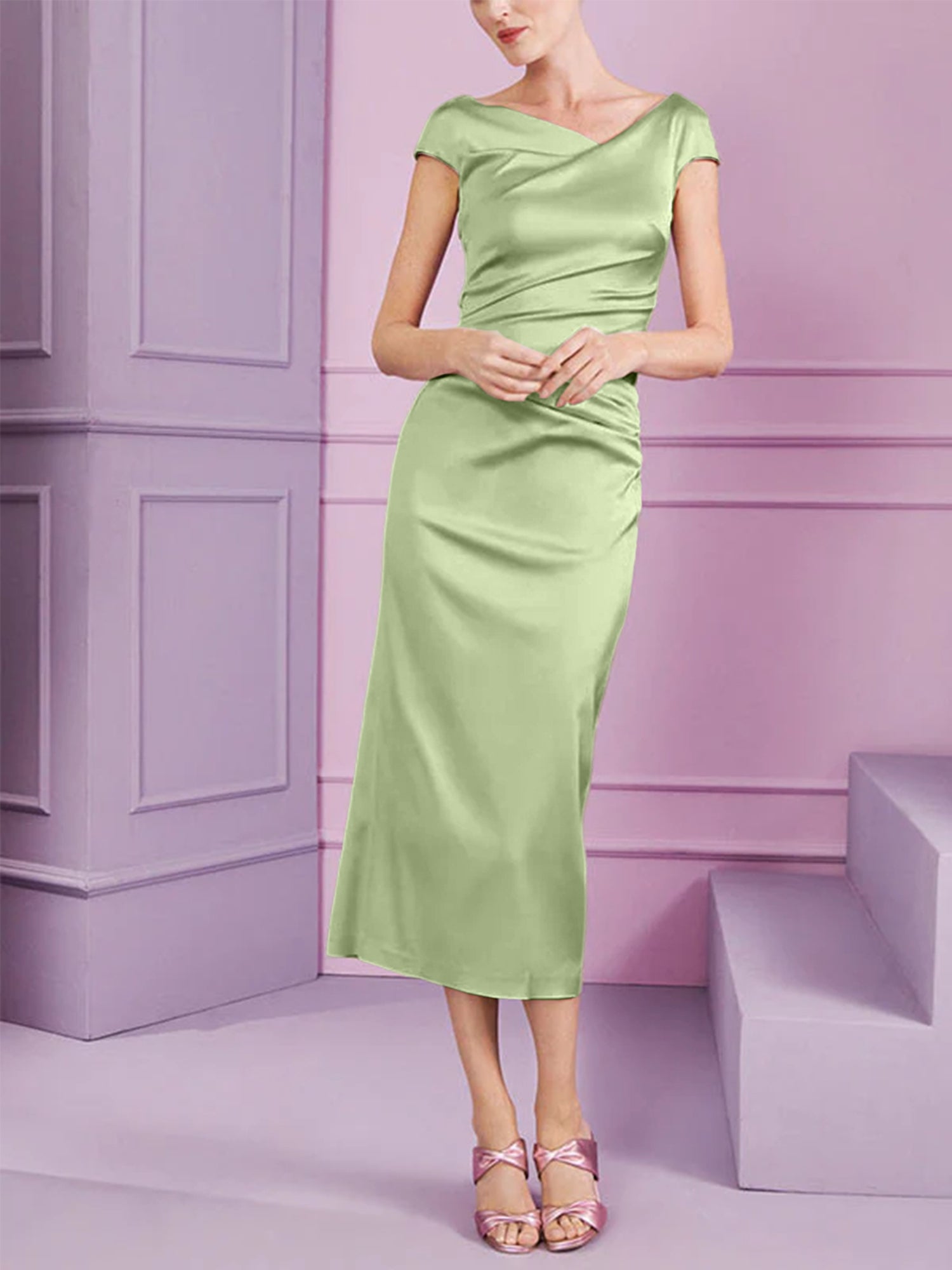 Short Sleeve Tea-Length Cowl Neck Sheath Dress with Ruffles for the Mother of the Bride