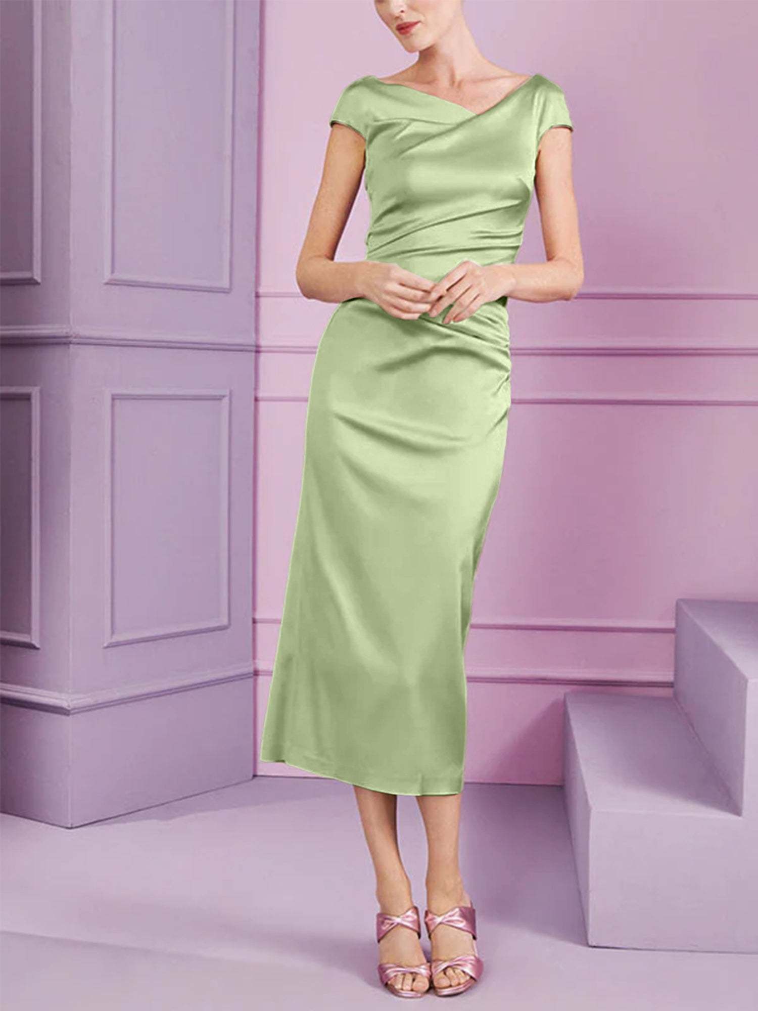Short Sleeve Tea-Length Cowl Neck Sheath Dress with Ruffles for the Mother of the Bride